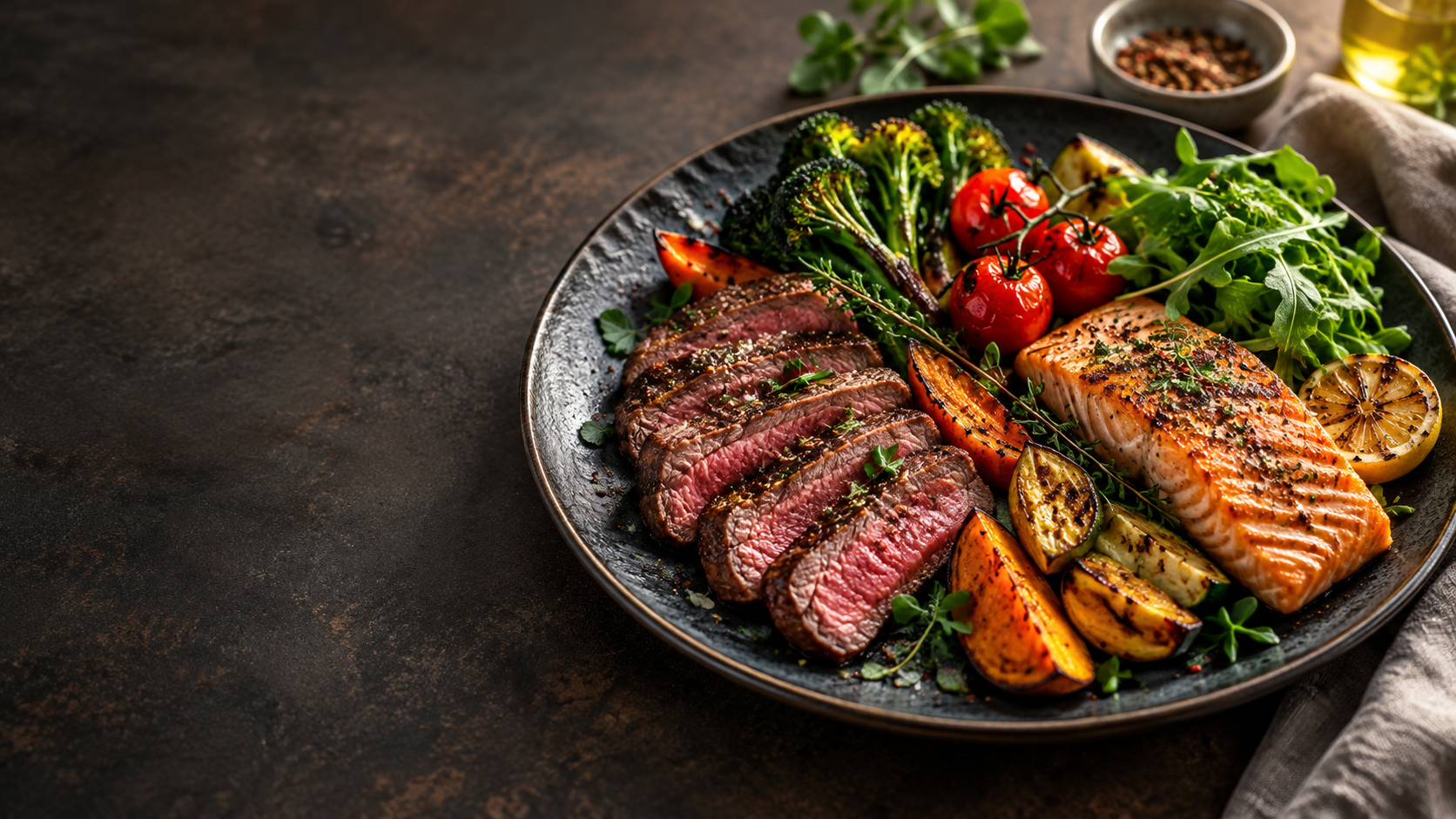 A plate of steak, salmon, greens, and vegetables