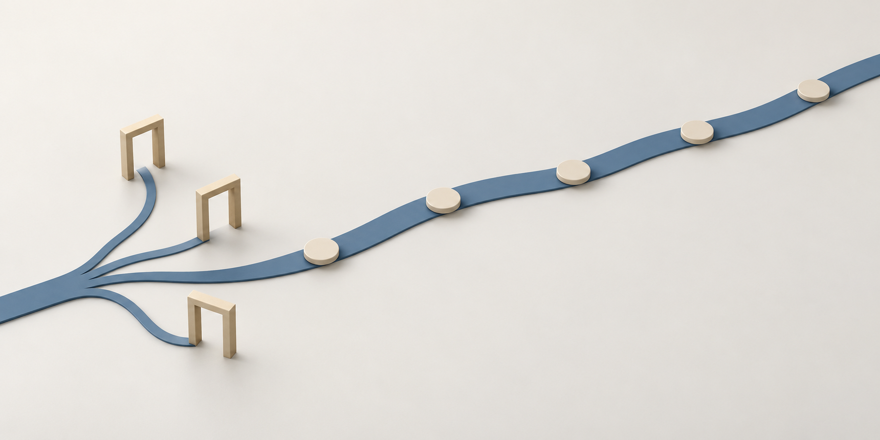A pale studio surface with one slate-blue ribbon rising across it carrying five plain discs, and three thinner ribbons branching off toward three open gate frames.