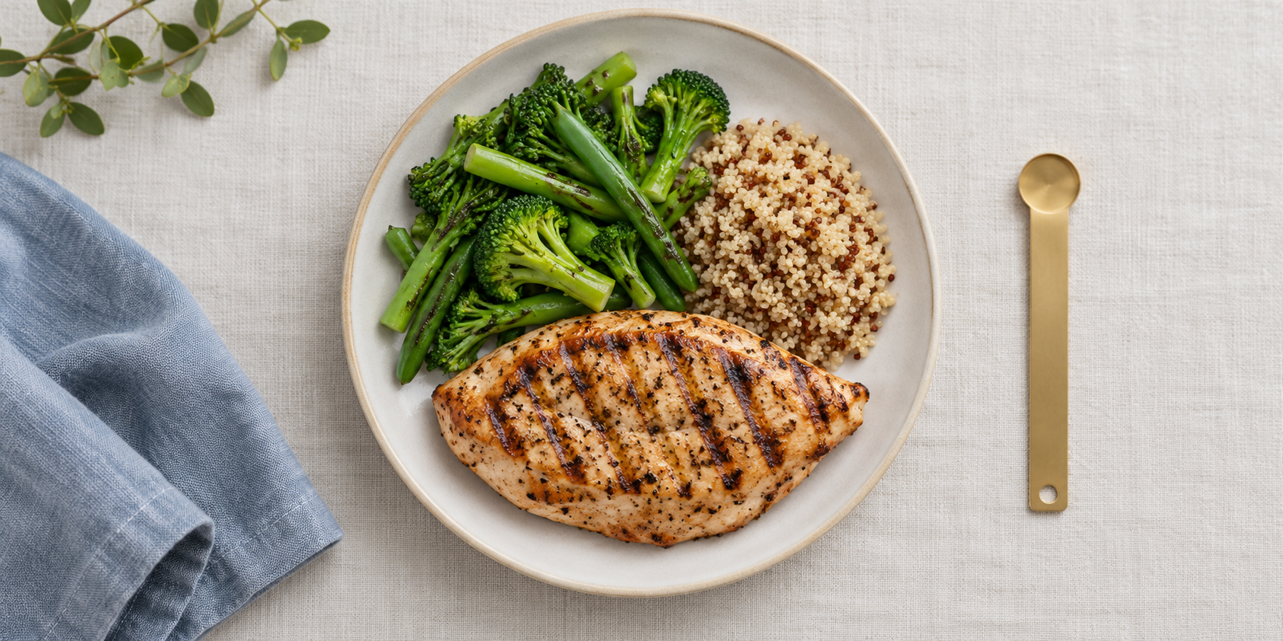 A round white plate seen from above, grilled protein filling the lower half, green vegetables across the upper left and a small scoop of grain upper right, with a slim brass measuring strip beside it.