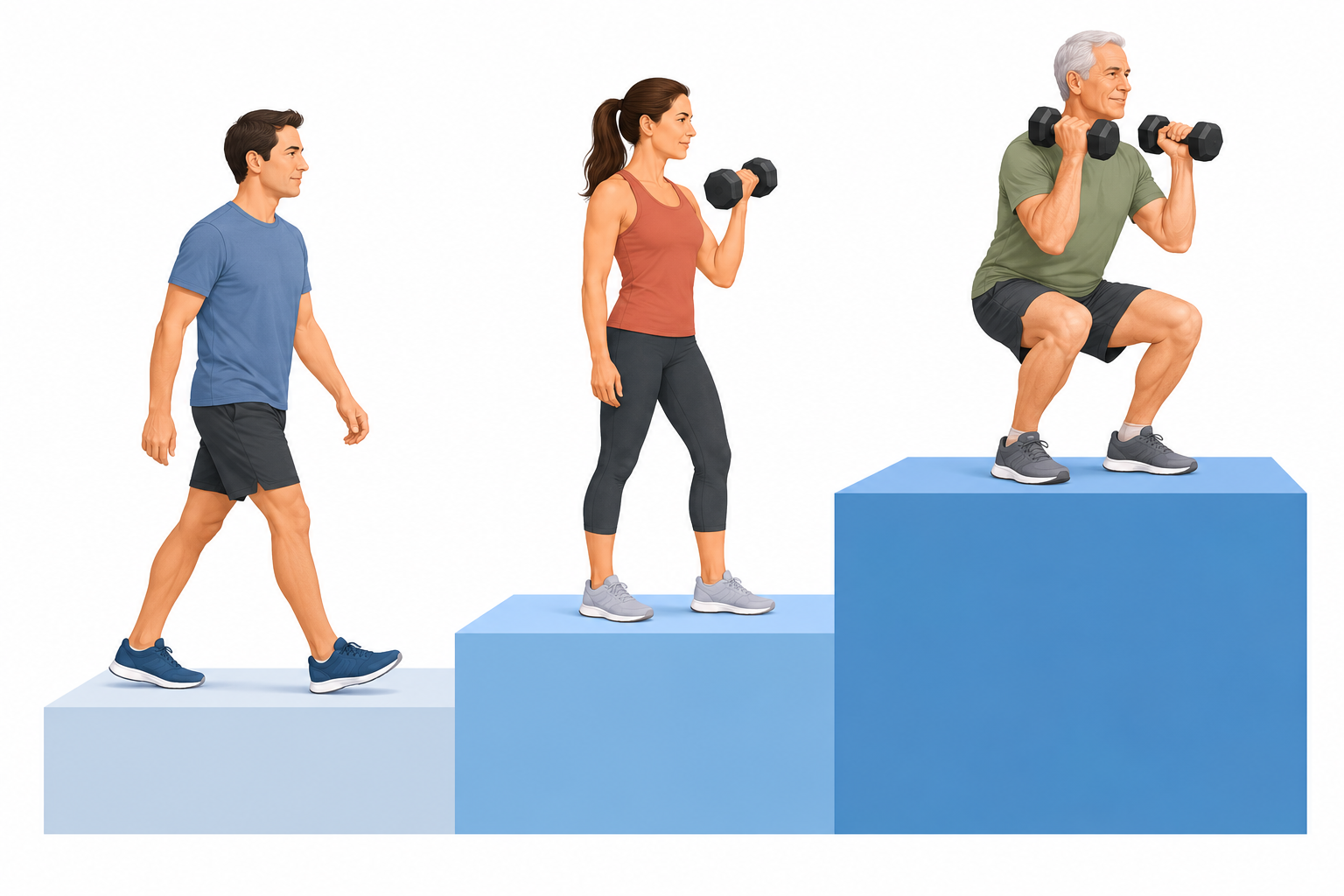 Three rising steps with a walking person, a person lifting a dumbbell, and an older adult exercising.