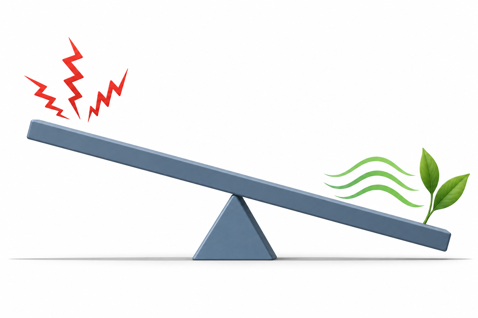 A tilted balance beam on a central pivot with a raised alarm side and a lowered calm restoration side.