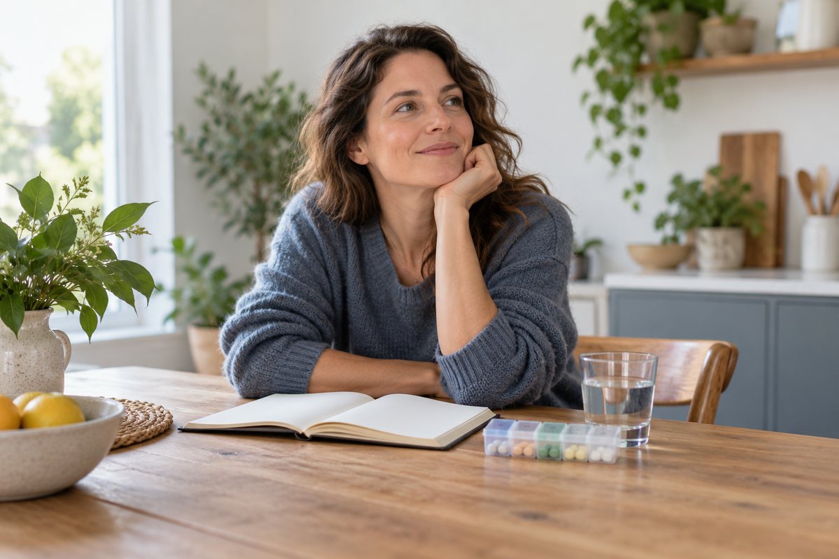 A person seated at a wooden kitchen table in morning light beside an open notebook, a glass of water, and a weekly pill organizer.
