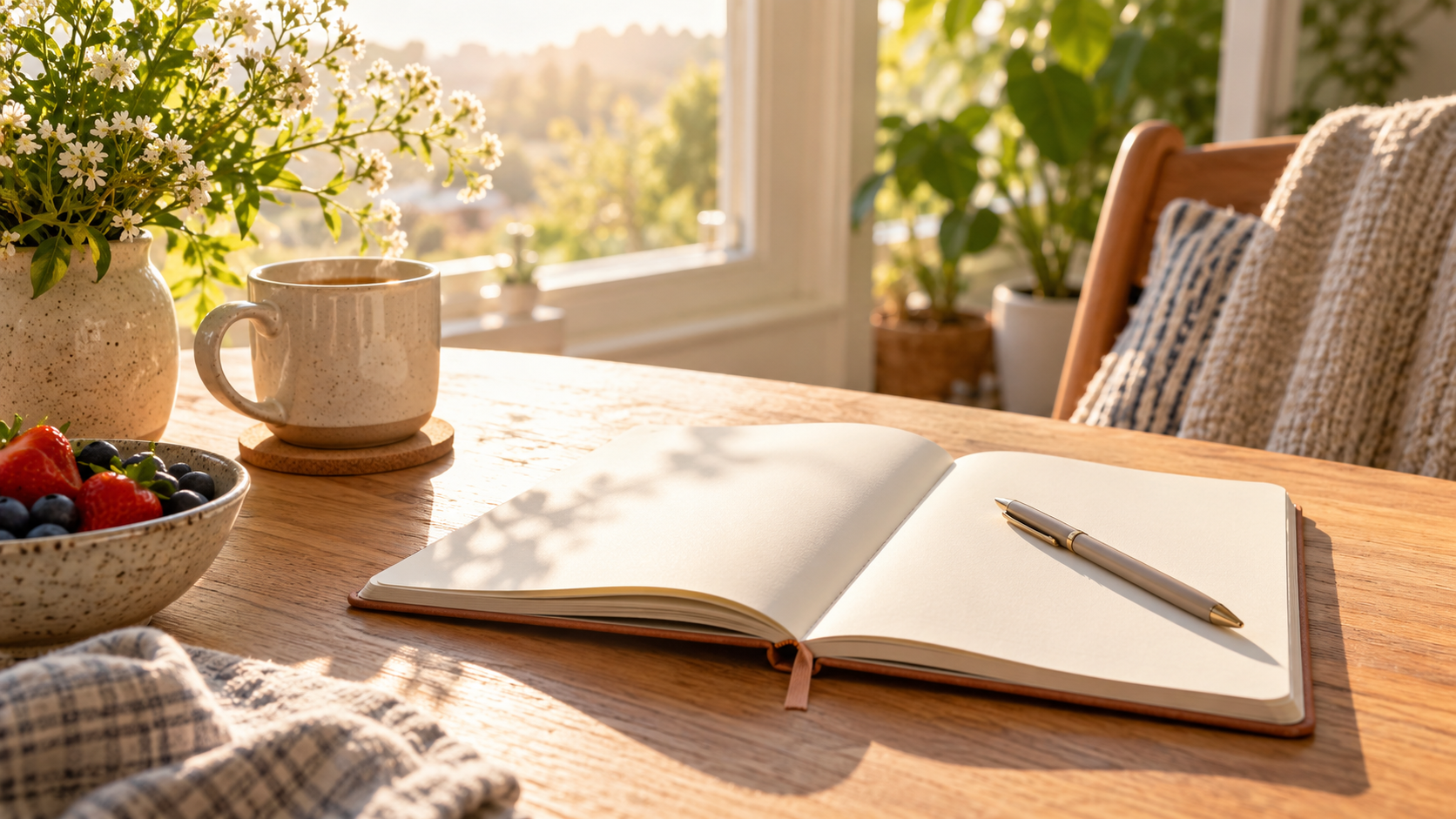 An open notebook and a pen on a sunlit wooden table beside a cup of coffee and a bowl of berries.