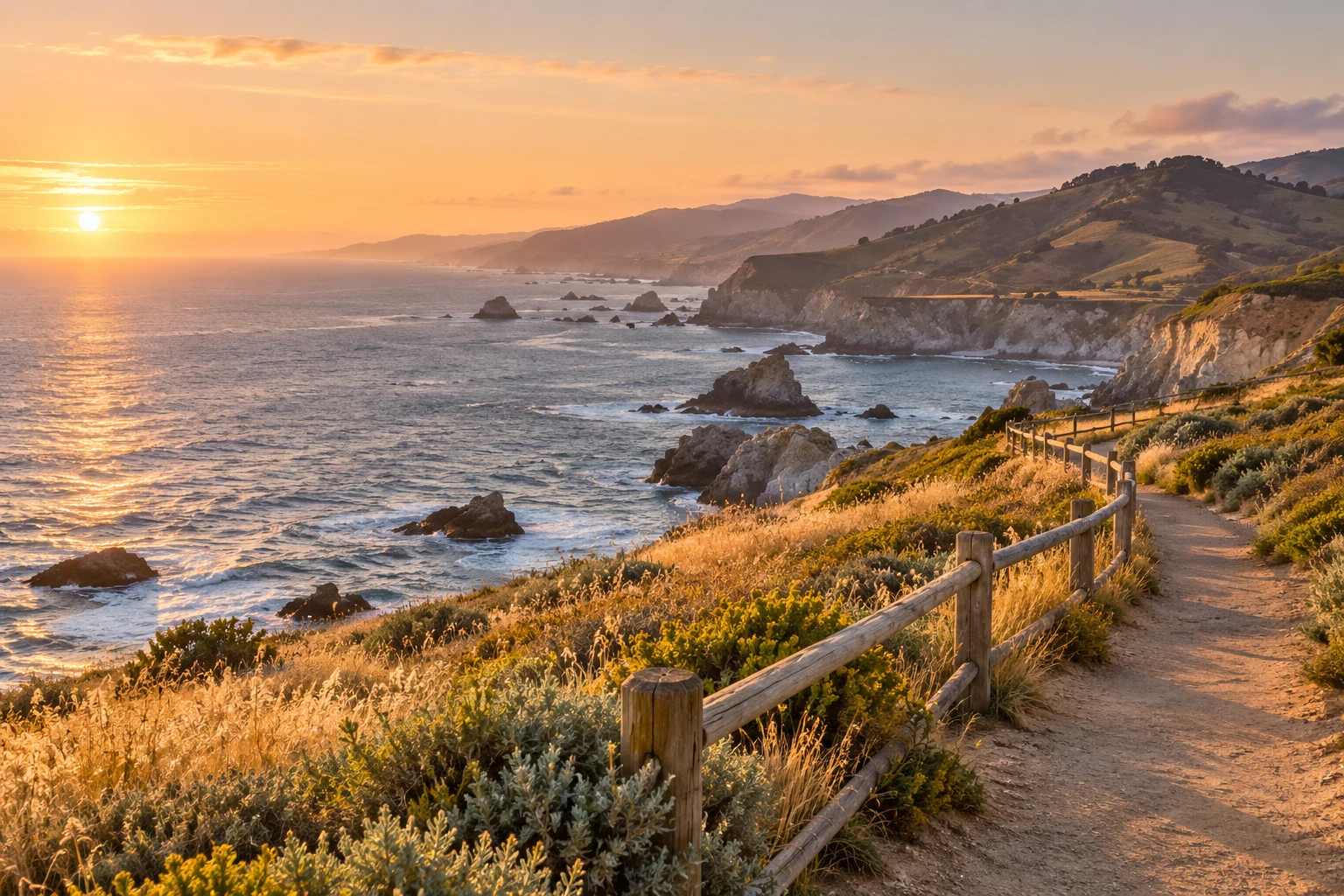 A fenced coastal path curving along a cliff above the ocean at sunset.
