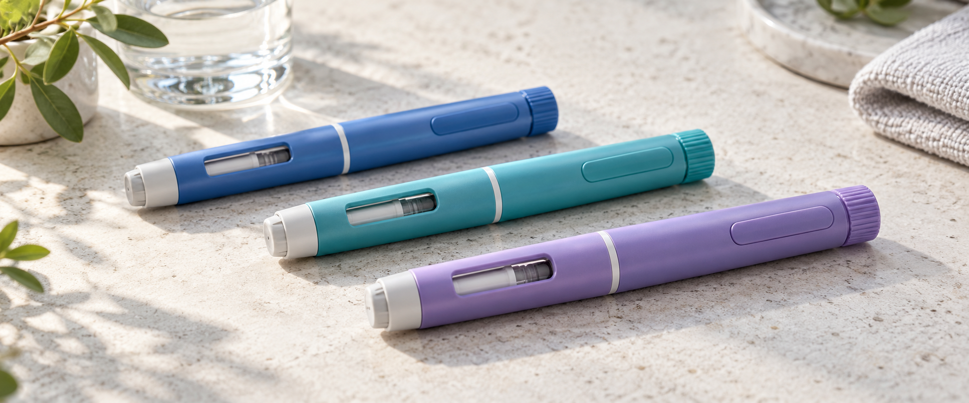 Three injection pens in blue, teal, and purple laid side by side on a stone counter beside a glass of water.