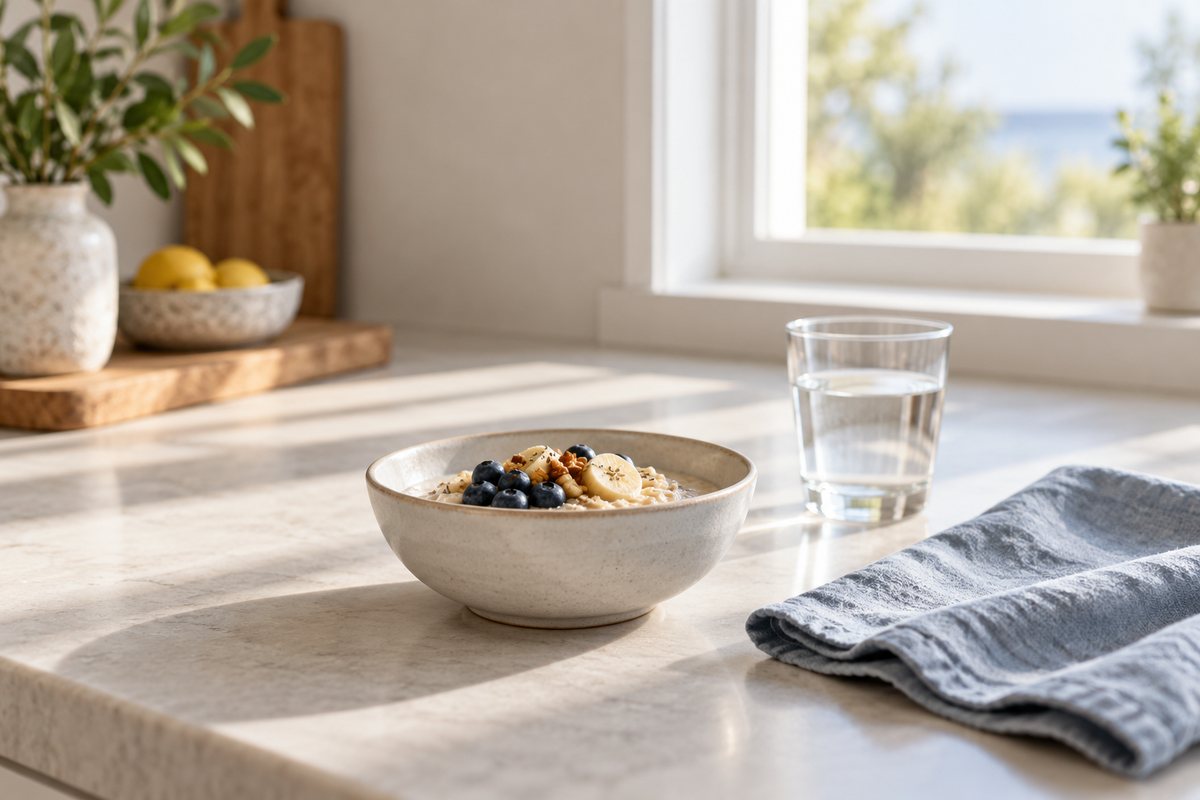 A small bowl of soft food on a pale counter beside a linen napkin and a glass of water in bright window light.