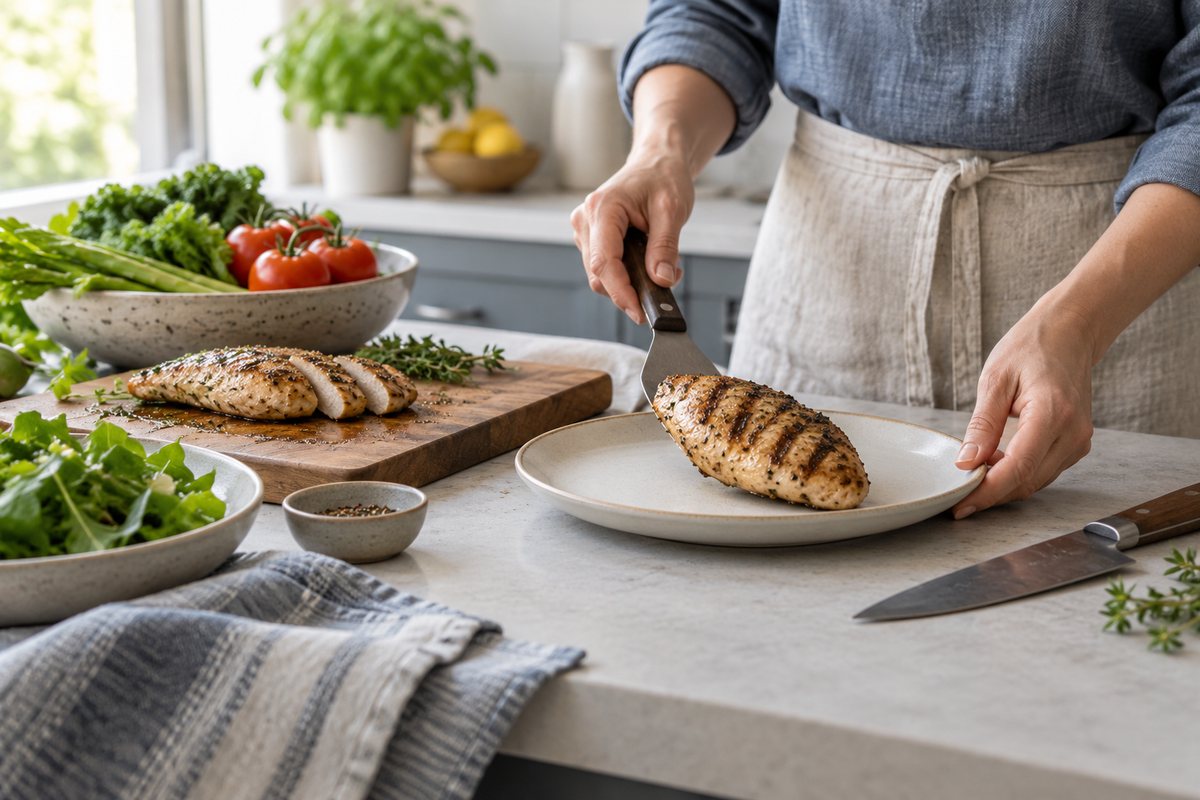Two hands portioning grilled protein onto a plain plate on a kitchen counter, with fresh vegetables behind.