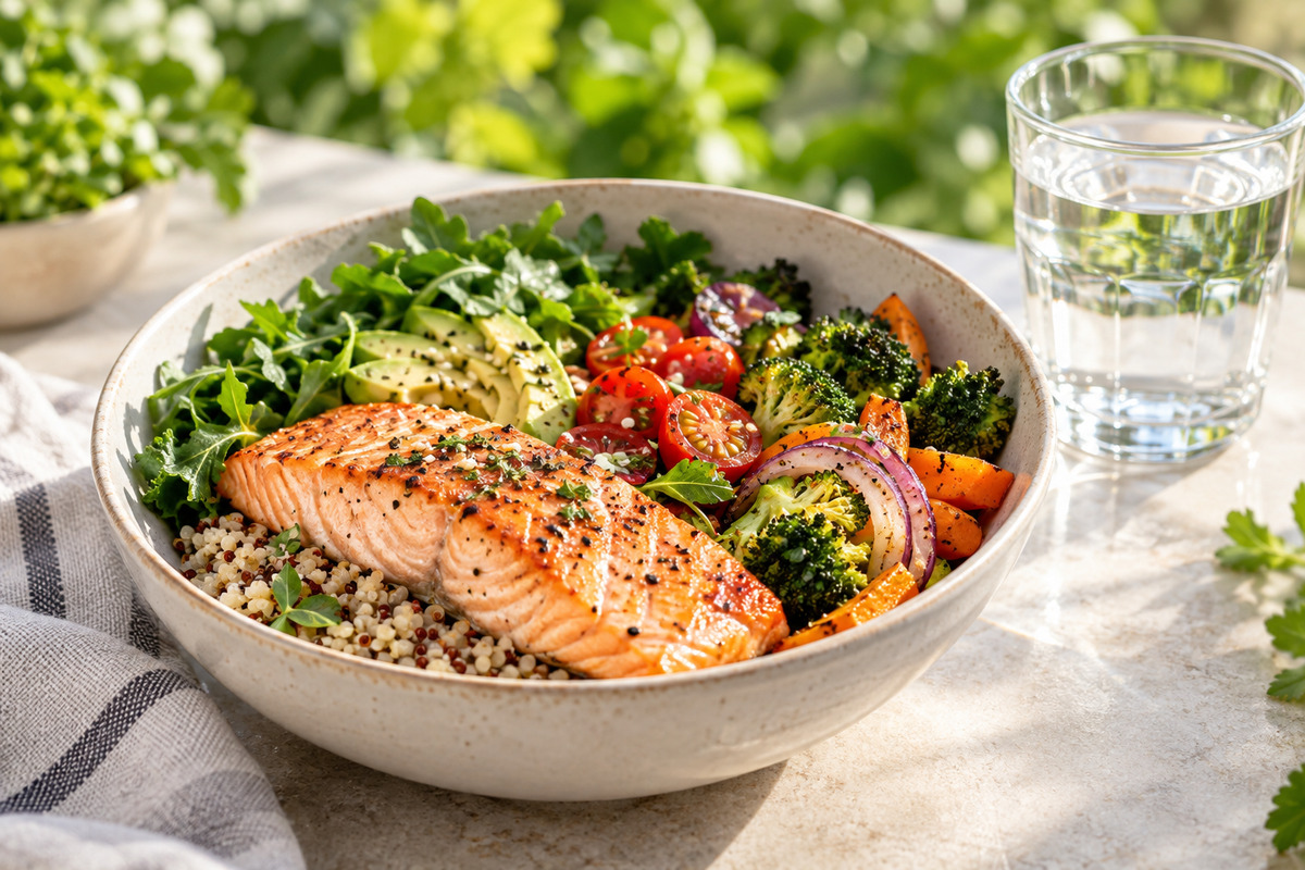Salmon and vegetables in a bowl beside a water glass, with leafy greens in the background