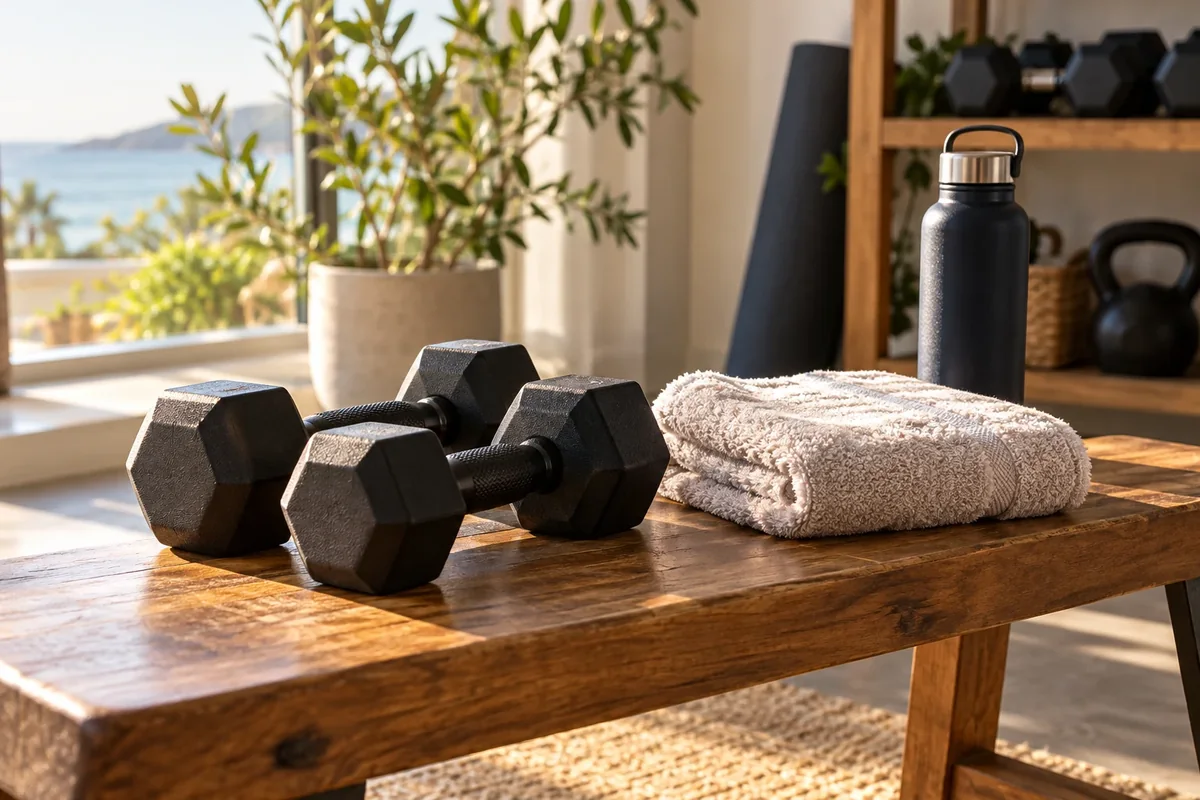 A pair of dumbbells, a folded towel, and a water bottle on a wooden bench in a sunlit training room.