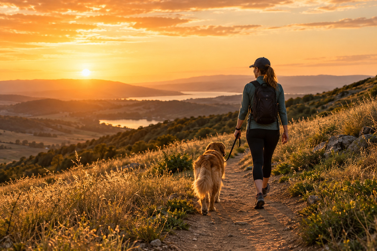 Walker in a cap and a dog on a trail at sunset, viewed from behind
