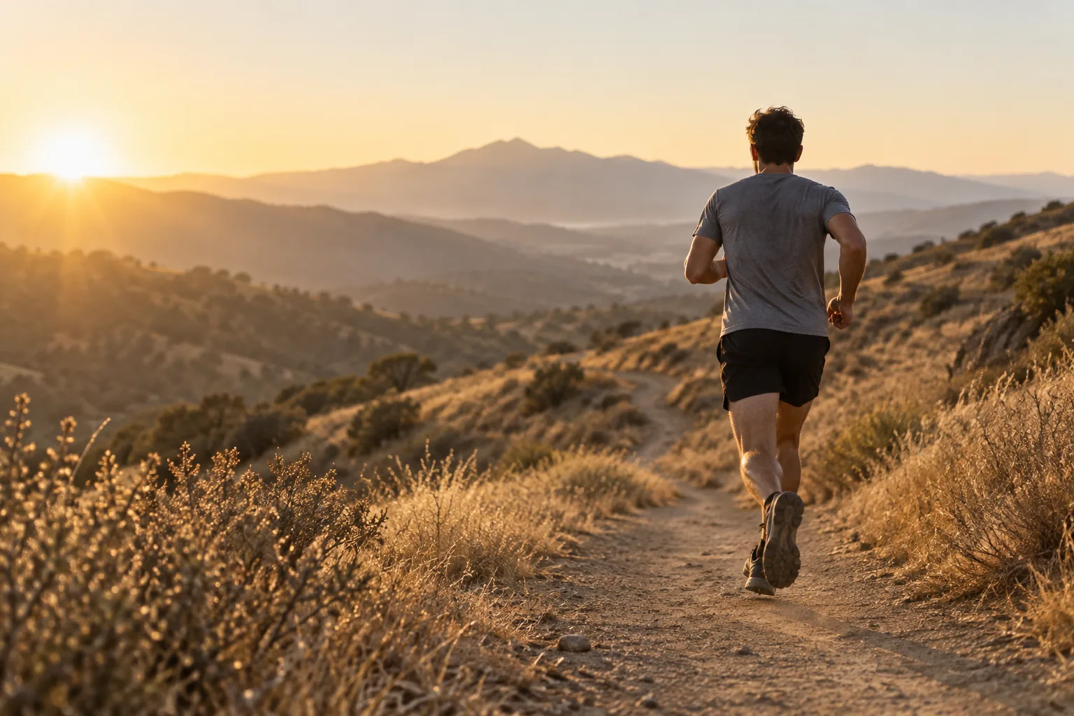Runner on a dirt trail through golden hills at sunrise