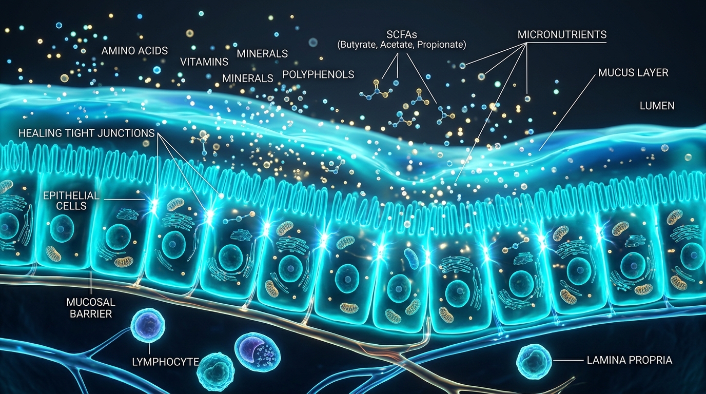 Illustration of a healthy gut lining with a protective mucus layer, tightly joined cells, and nutrients inside the gut.