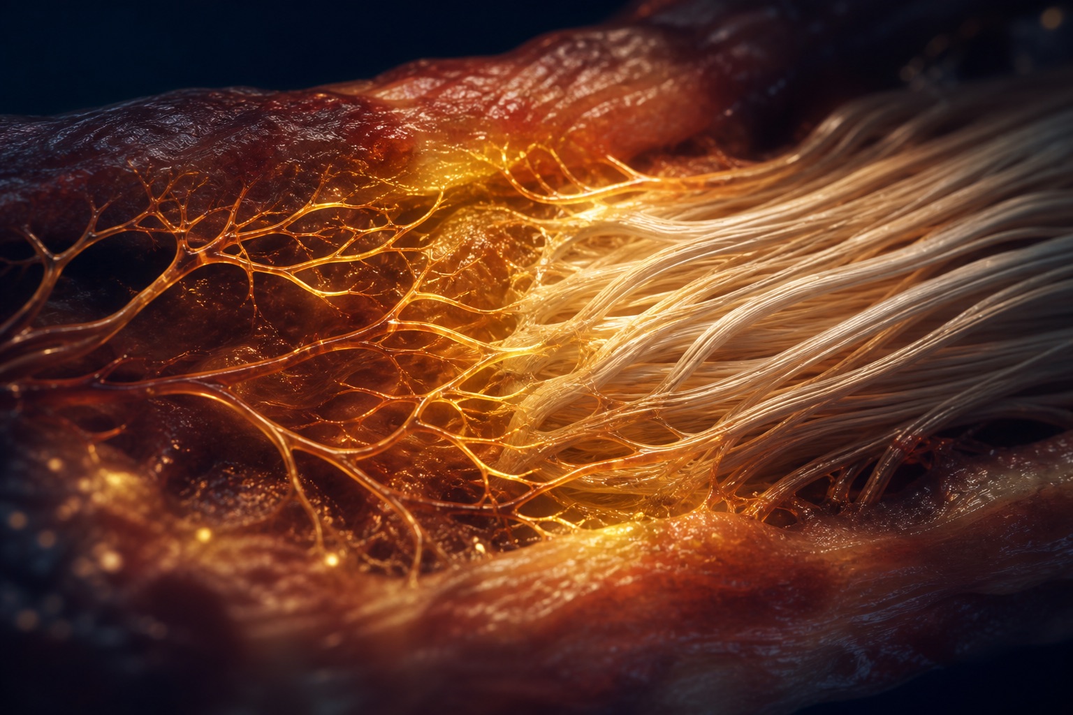 New gold-lit micro-blood vessels branching into a dark tendon, with fresh collagen beginning to align.