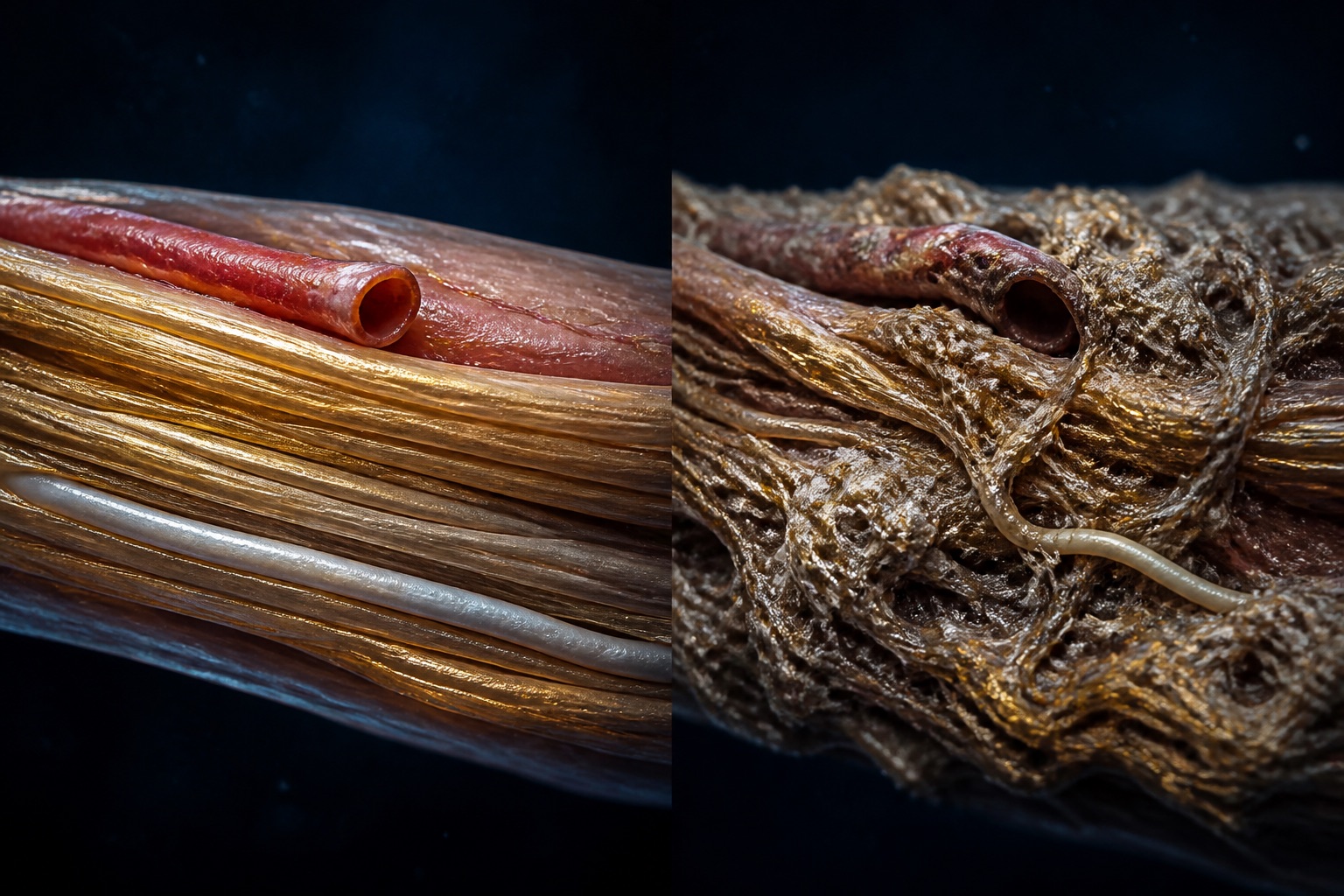 Left: parallel gold collagen fibers with an open vessel. Right: a tangled scar knot choking the vessel and trapping a nerve.