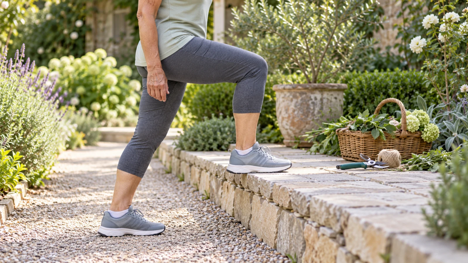 A woman stepping up onto a stone ledge in a garden.