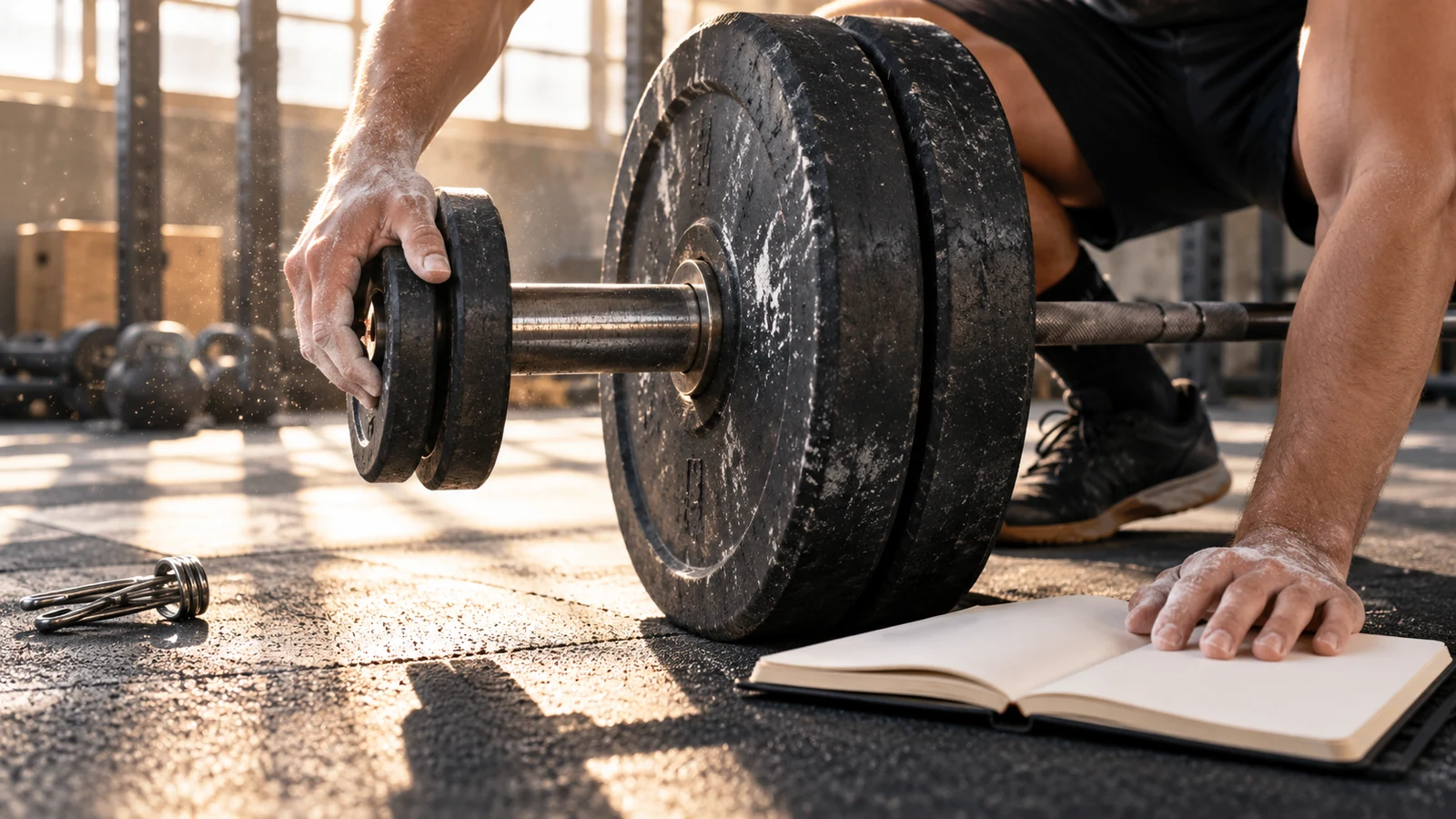A lifter sliding a small plate off a barbell while the other hand rests on an open training logbook.