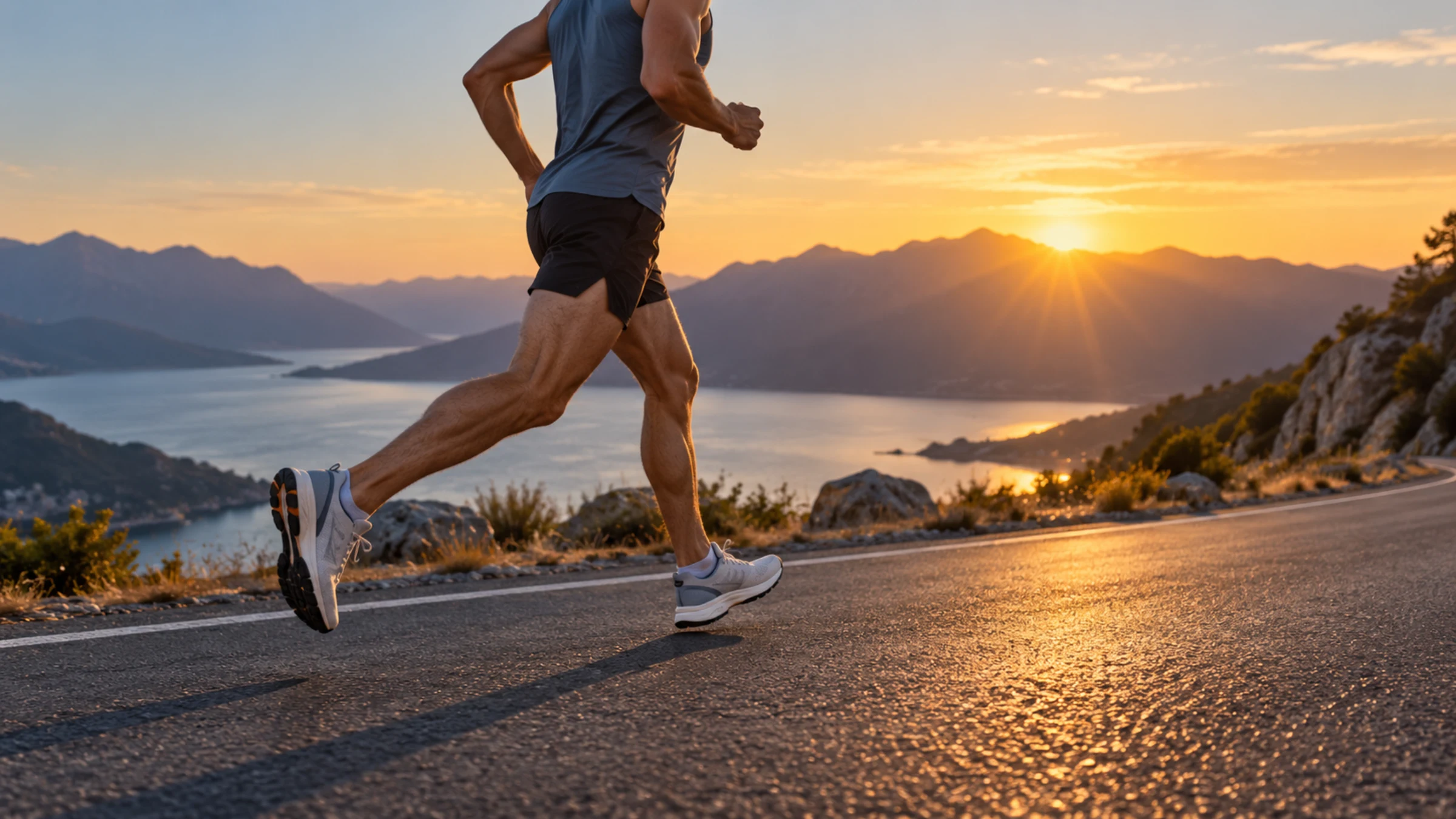 A runner striding along a coastal road at sunrise.