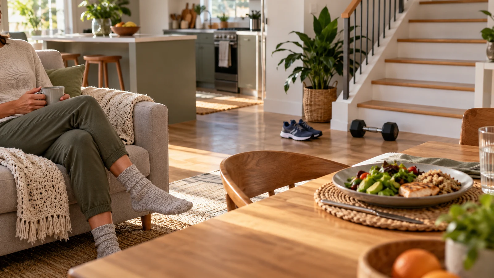 A person with a mug on a sofa in a living room, running shoes and a dumbbell on the floor, a plated meal on the table beyond.