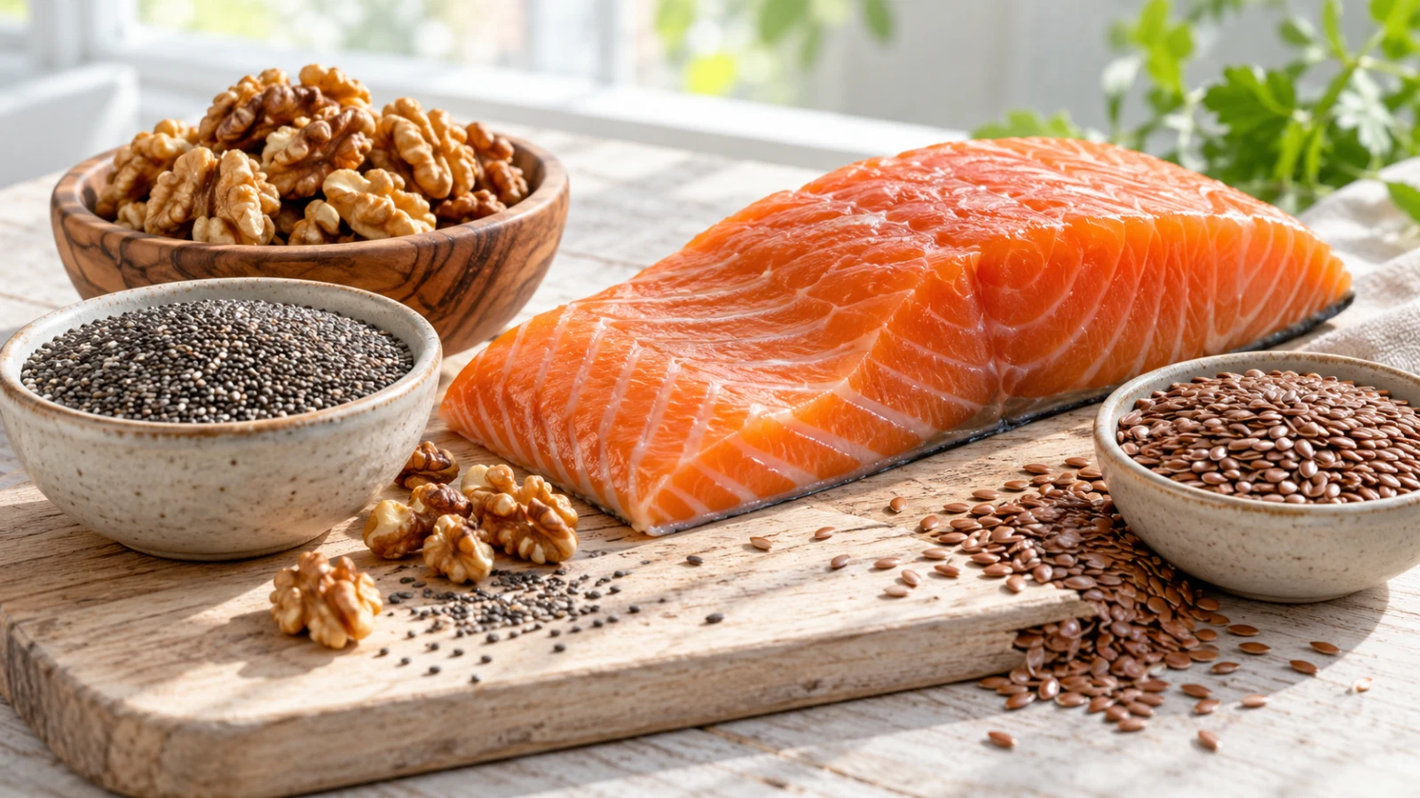 A wooden board with a salmon fillet, bowls of chia and flax seeds, and scattered walnuts.