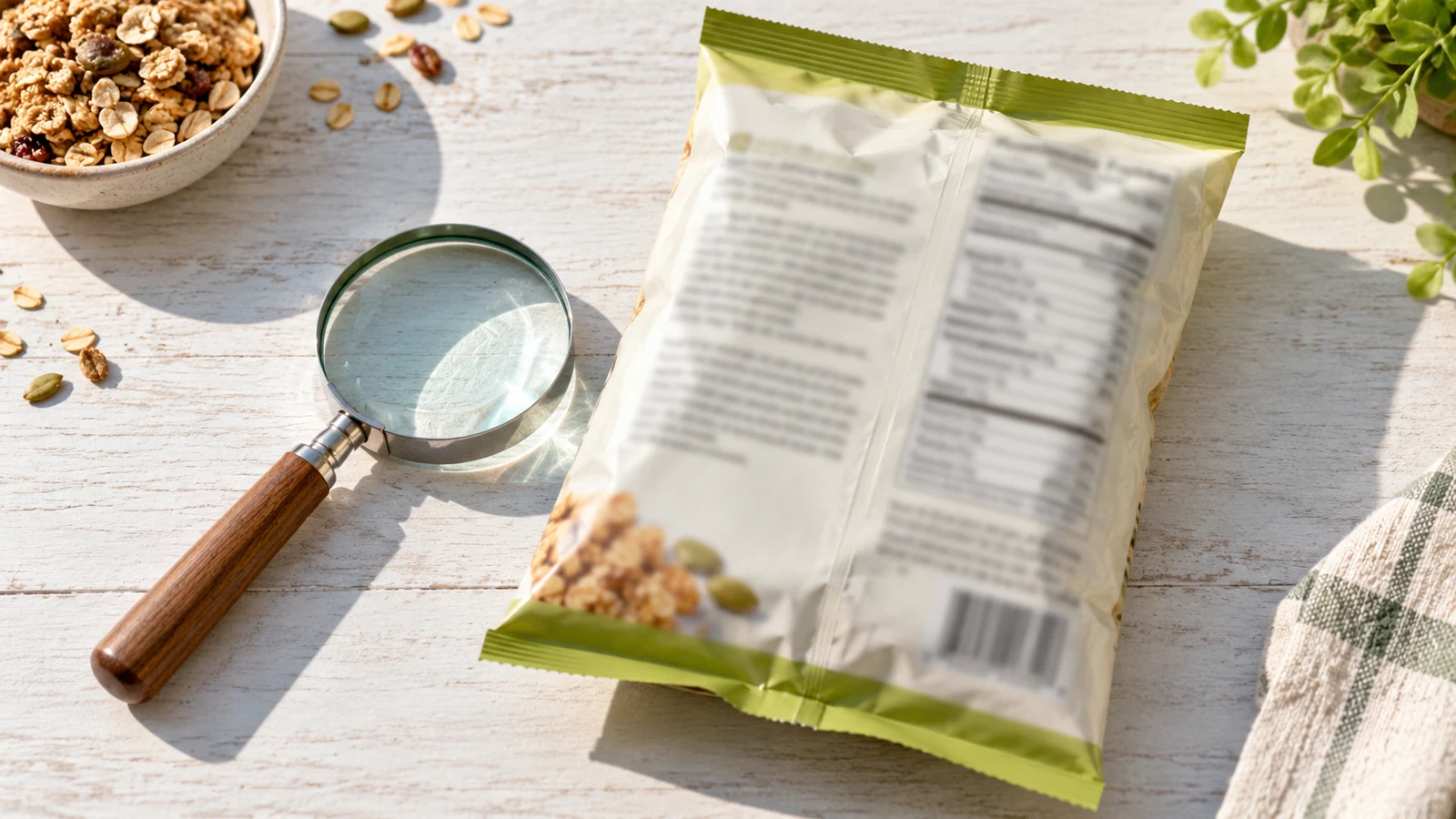 A food package turned to its ingredient panel with a magnifying glass resting beside it.