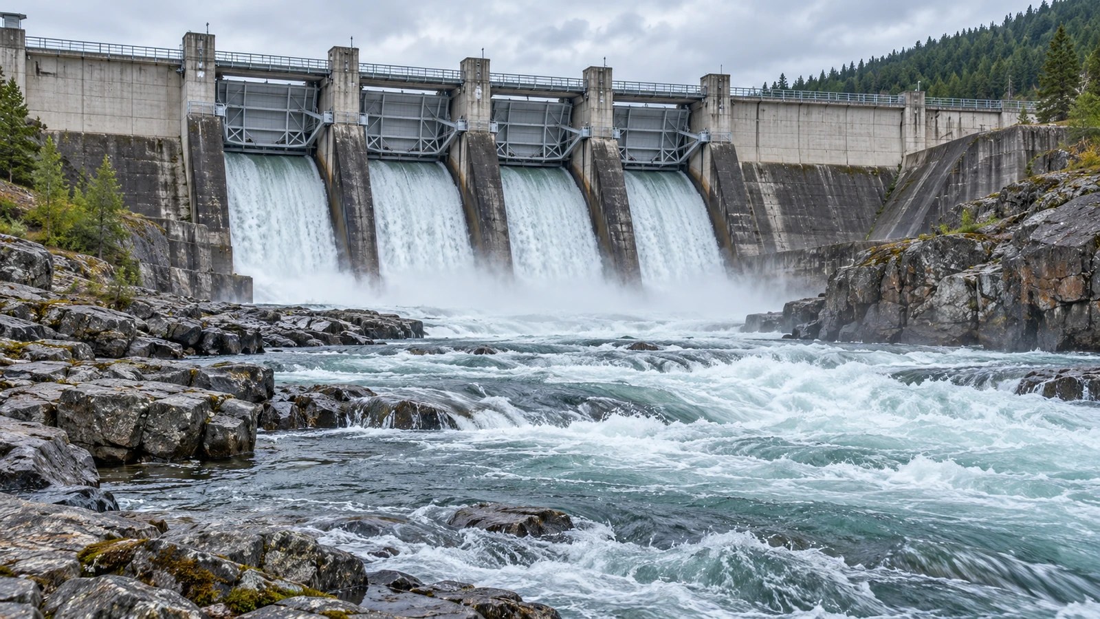A wide view of a dam spillway with water flowing through and the riverbed downstream.