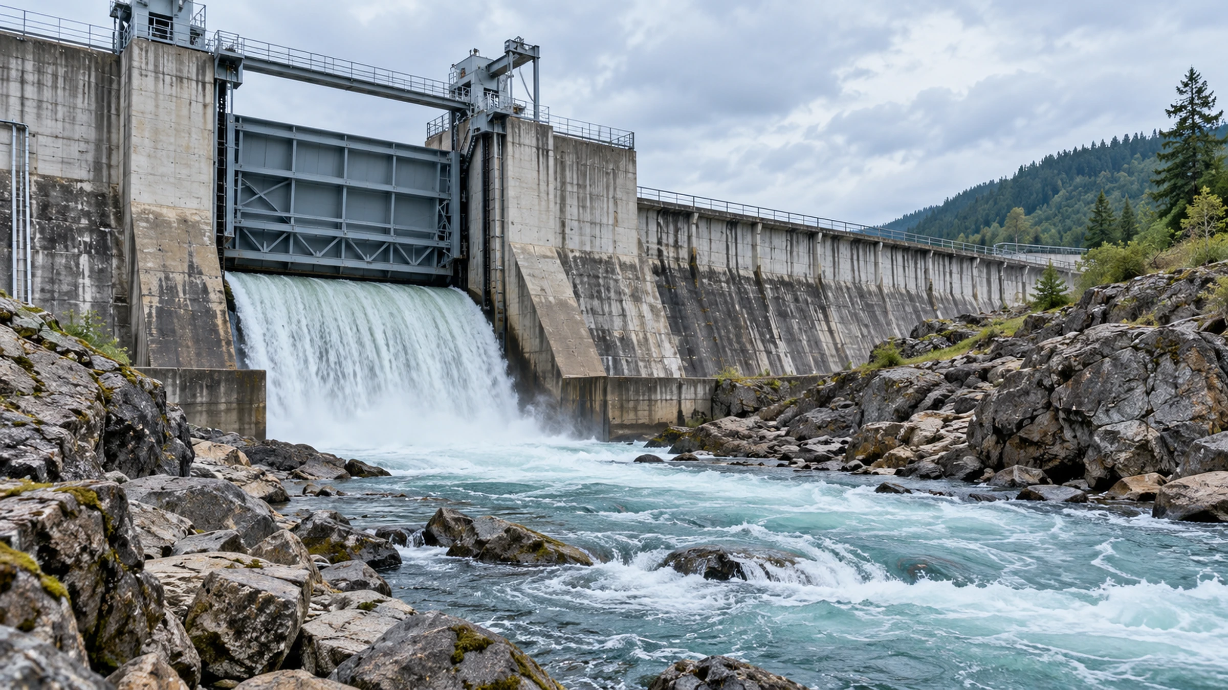 A concrete dam spillway with water rushing through an open gate into a carved riverbed.