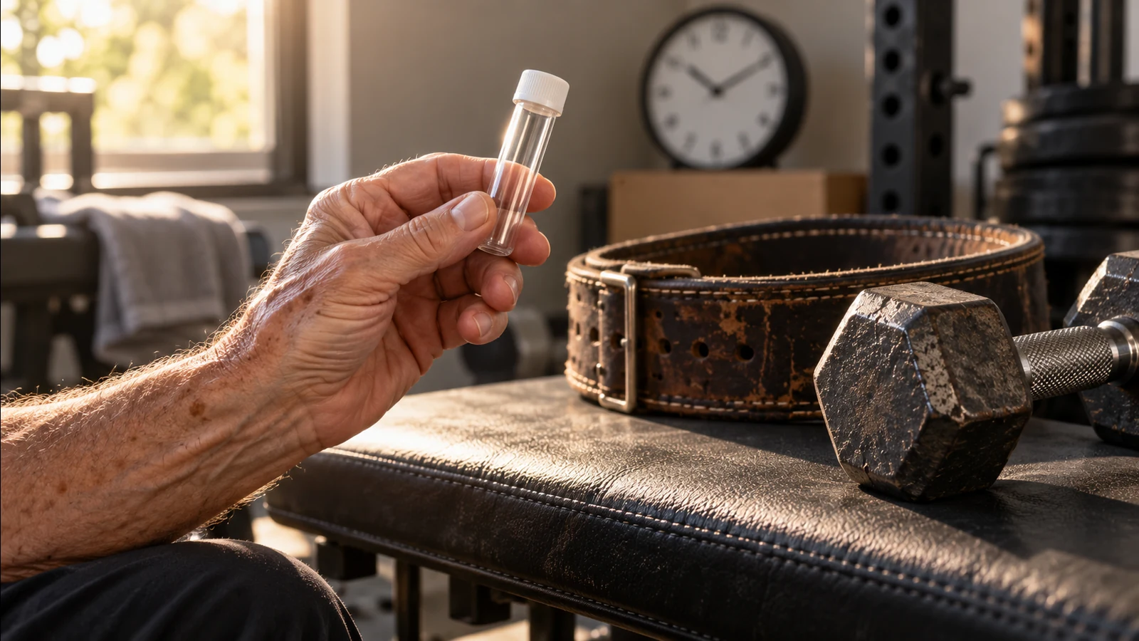 An older hand holding a small clear tube above a worn lifting belt and a dumbbell on a gym bench.