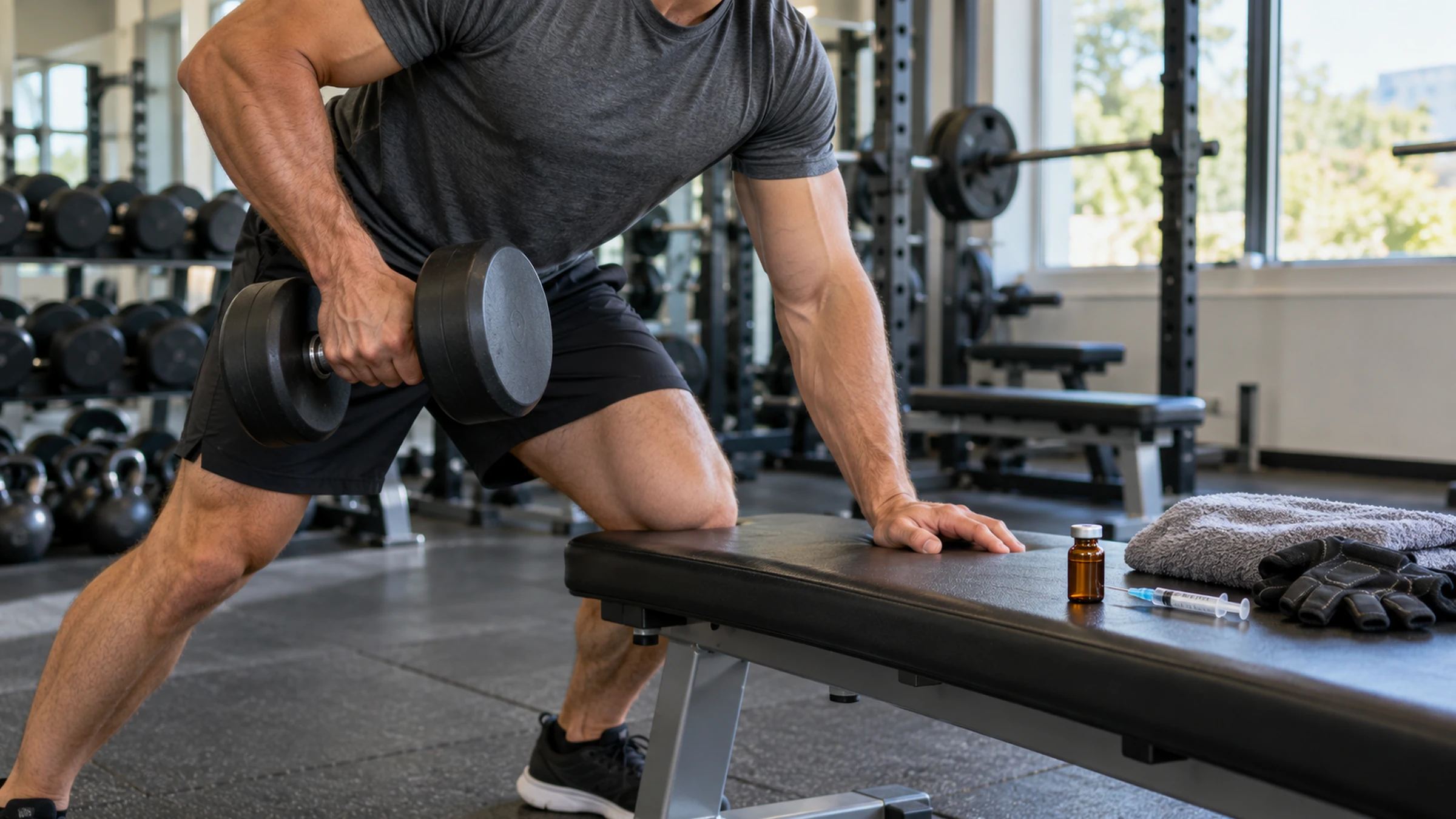 A person performing a one-arm dumbbell row on a bench beside an amber vial, a syringe, and a towel in a gym.