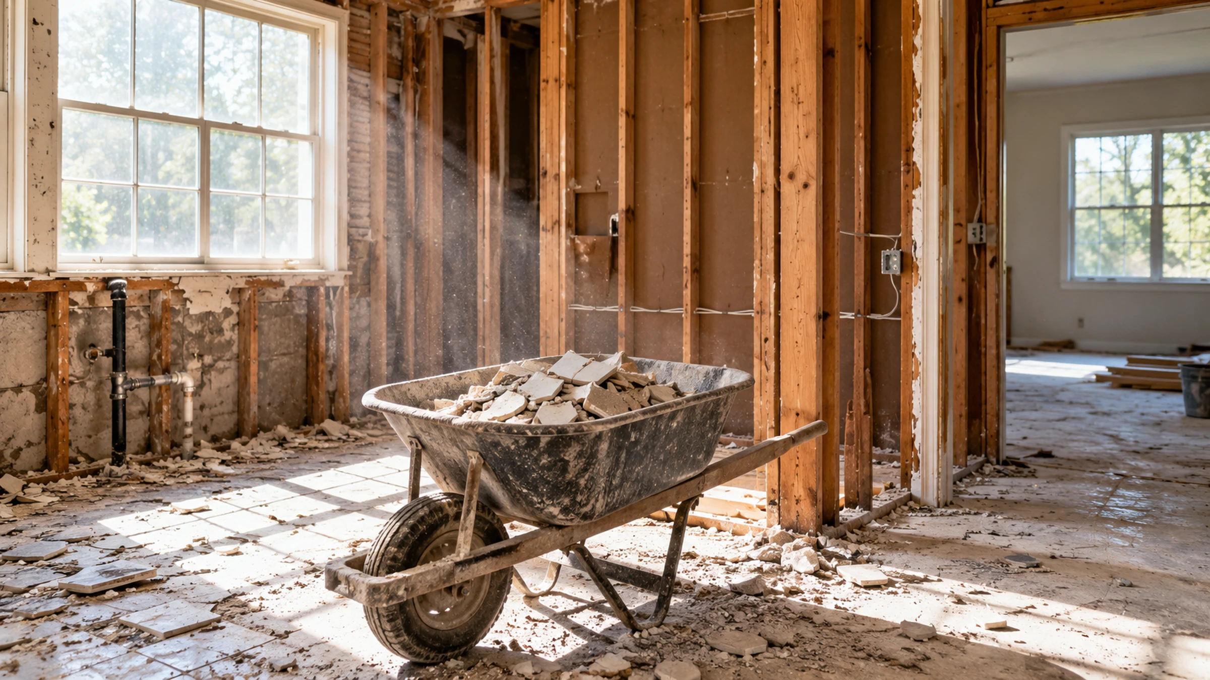 A room mid-renovation with exposed wall studs, a wheelbarrow of debris, and dust in the light.