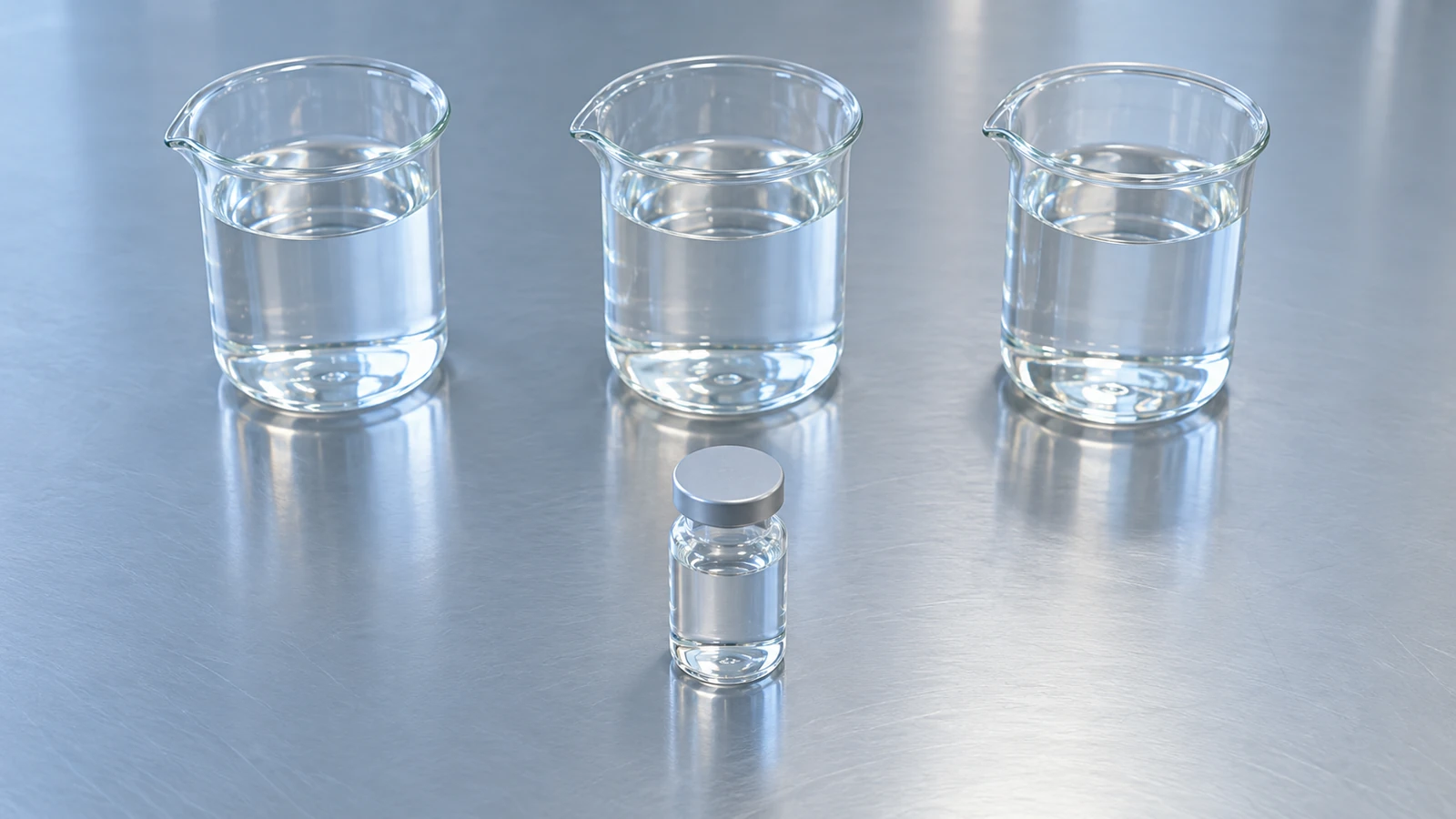 Three clear glass beakers of liquid in a row on a clean bench.