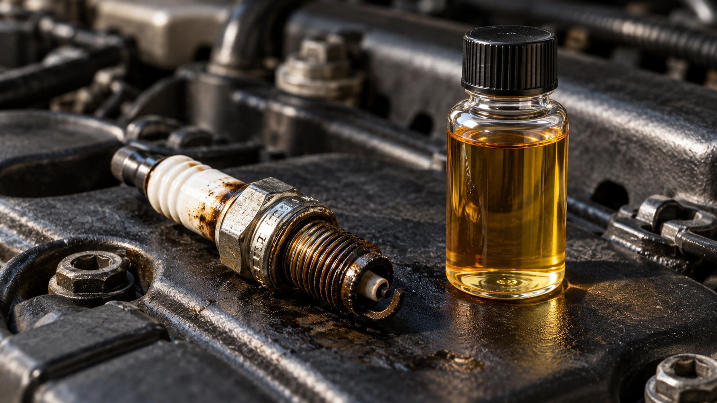 Engine parts and a small bottle of amber fuel additive on a dark surface.