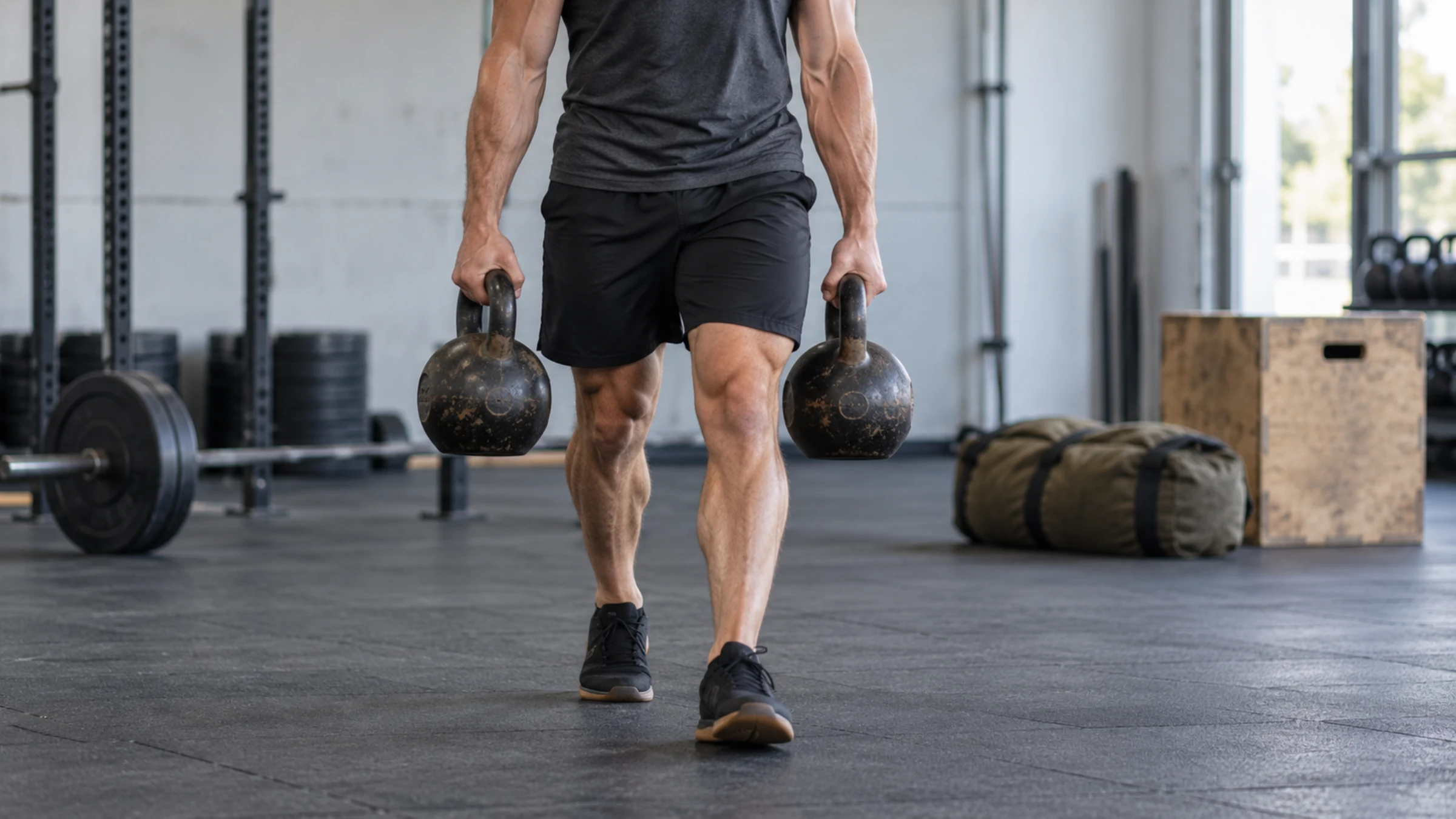 A man carrying a kettlebell in each hand across a gym floor.