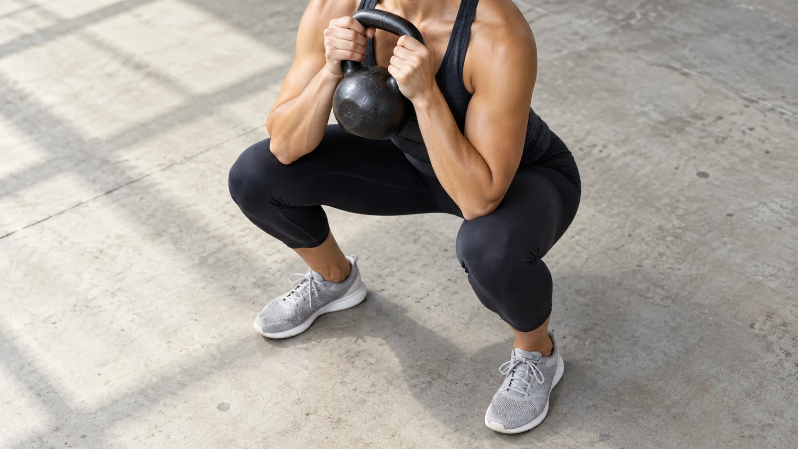 A woman in a deep squat holding a kettlebell at her chest on a concrete floor.