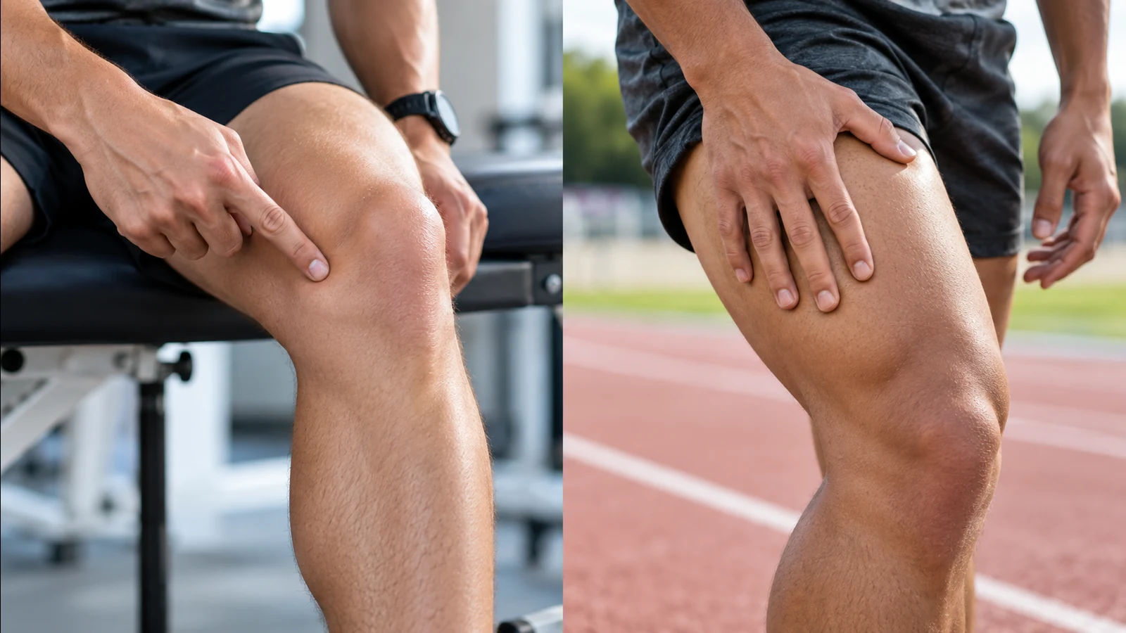 A split frame: a person pointing to a knee on a treatment table, and a runner pressing a hand to their thigh on a track.