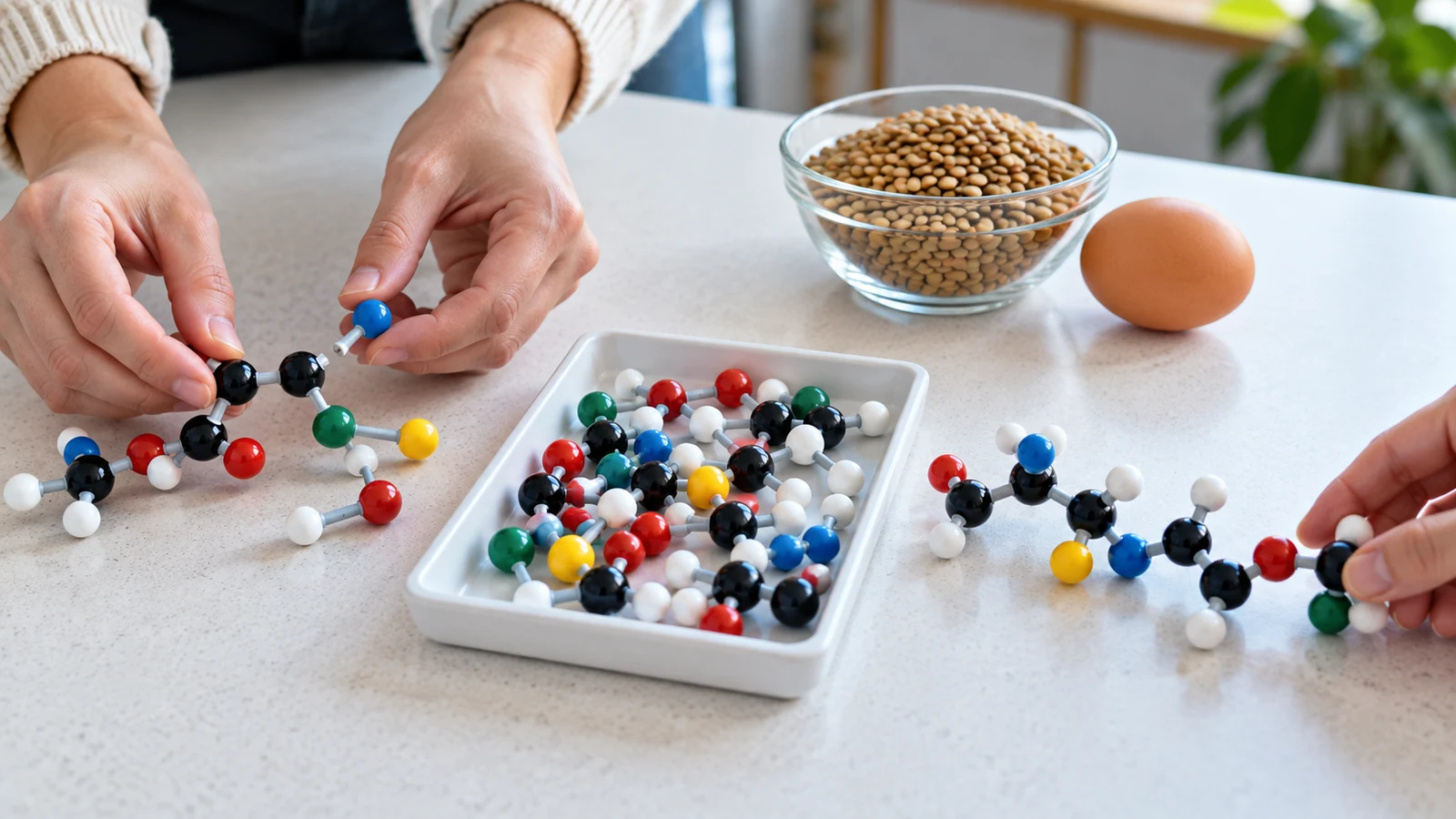 Hands assembling colored ball-and-stick molecular models on a counter beside a bowl of lentils and an egg.