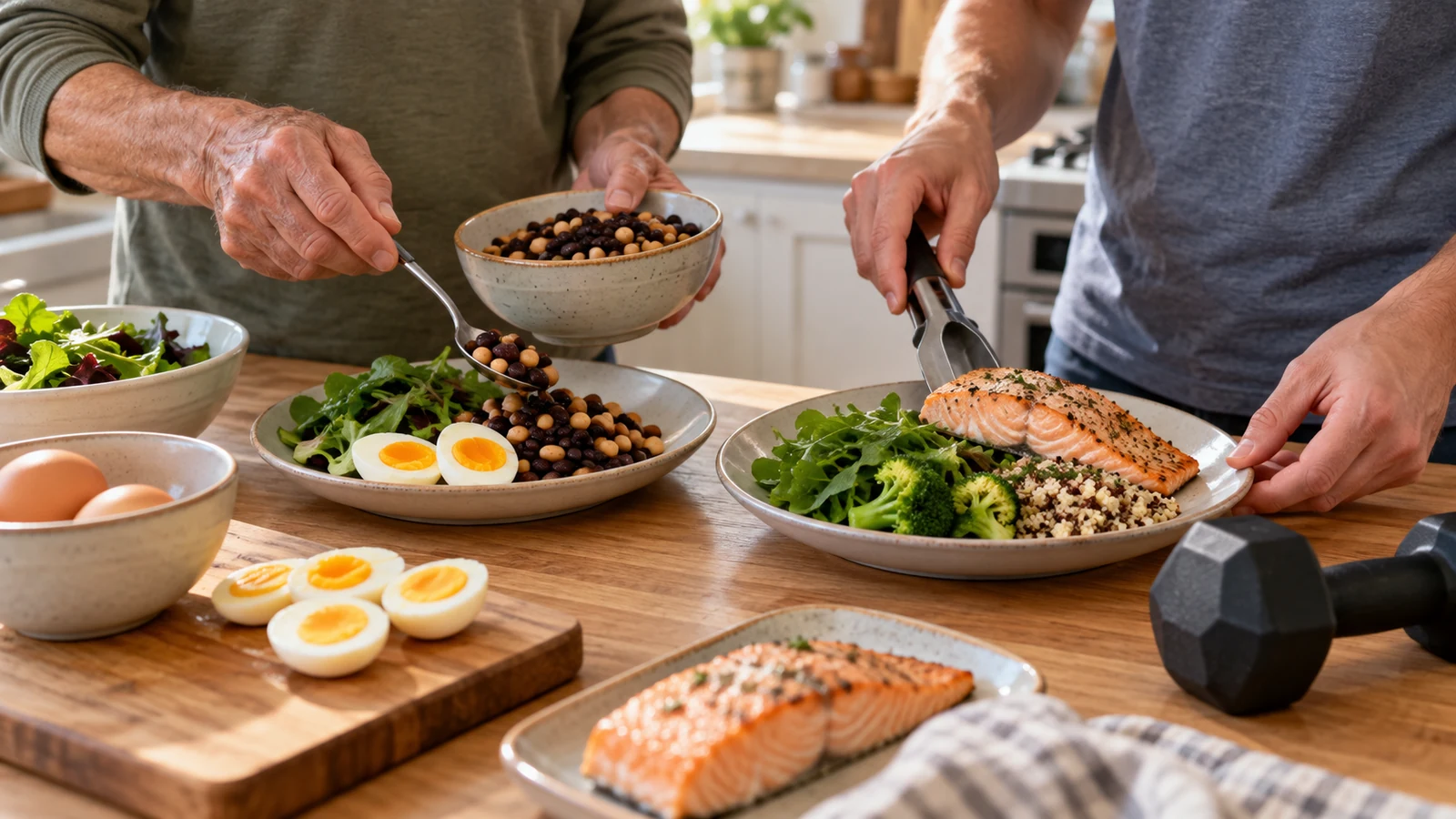 An older pair of hands spooning beans onto a salad beside a younger pair of hands serving salmon at a kitchen counter.