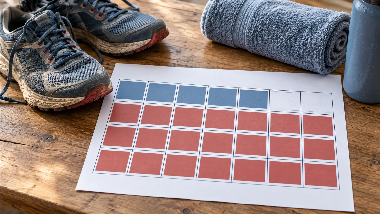 A printed training calendar with five blue boxes filled and the rest red on a table beside worn running shoes, a rolled towel, and a water bottle.