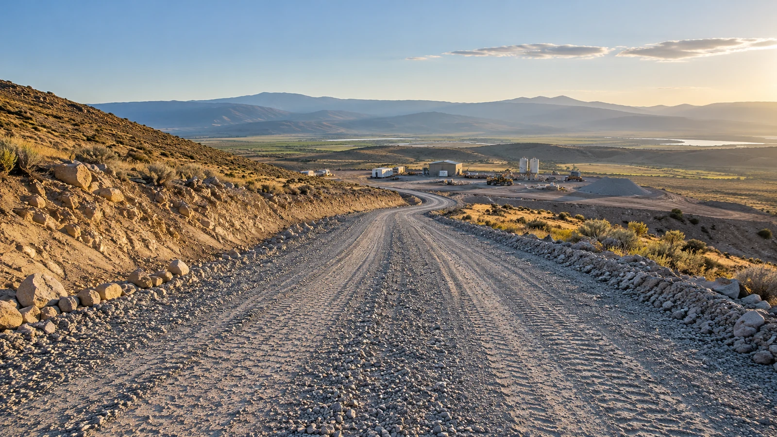A gravel access road cut through dry terrain toward a distant work site.