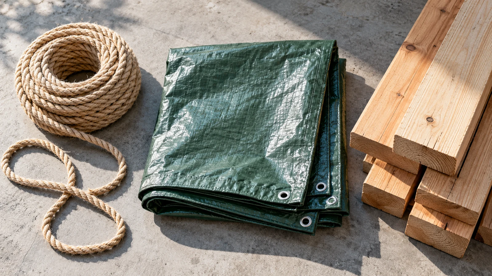 A workbench with a coil of rope, a folded tarpaulin, and a small stack of lumber.