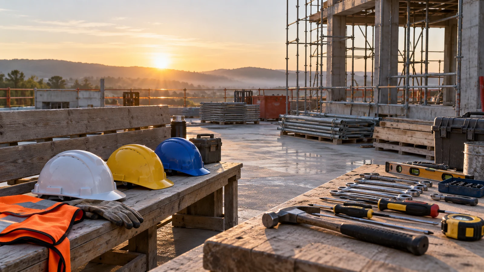 Hard hats and hand tools laid out in order at a dawn construction staging area.