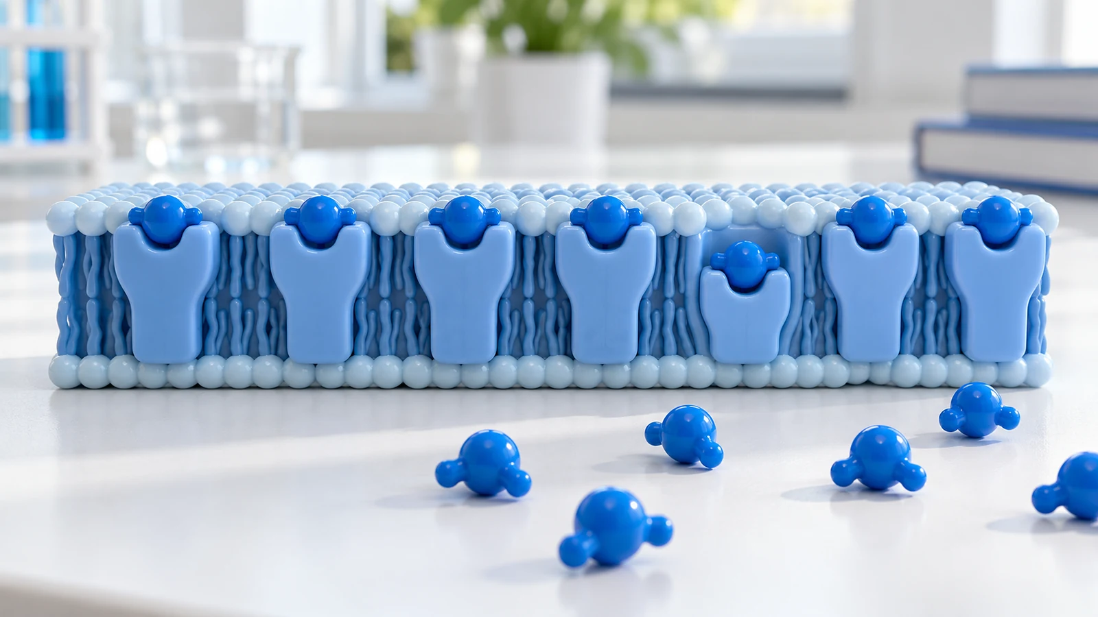 A blue cell-membrane model with seven receptor pockets occupied by blue signal molecules, one receptor structure shorter than the others, and spare molecules resting in front.