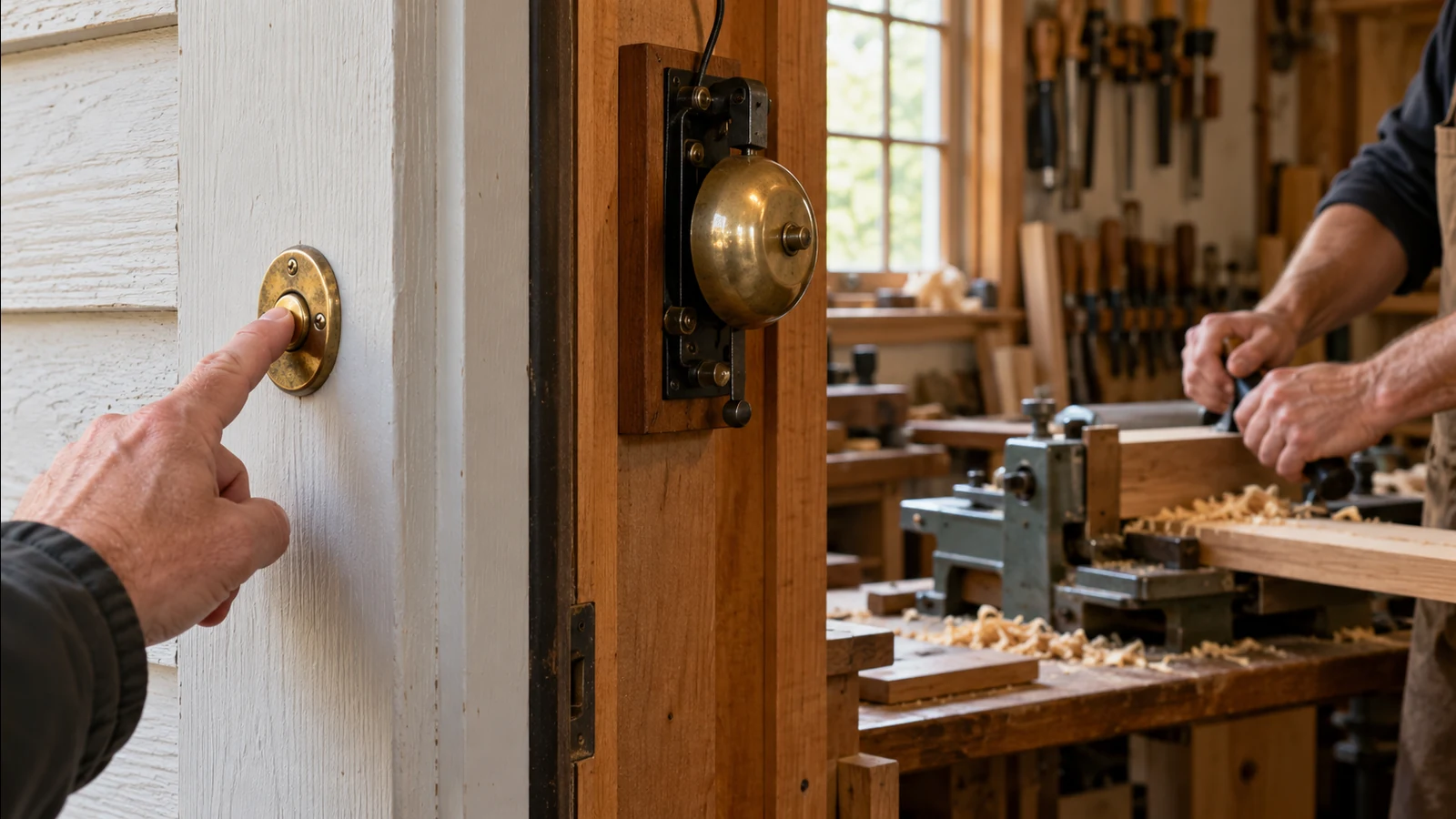 A finger pressing a brass doorbell beside an old brass bell on a workshop doorframe, a woodworker at a bench behind.