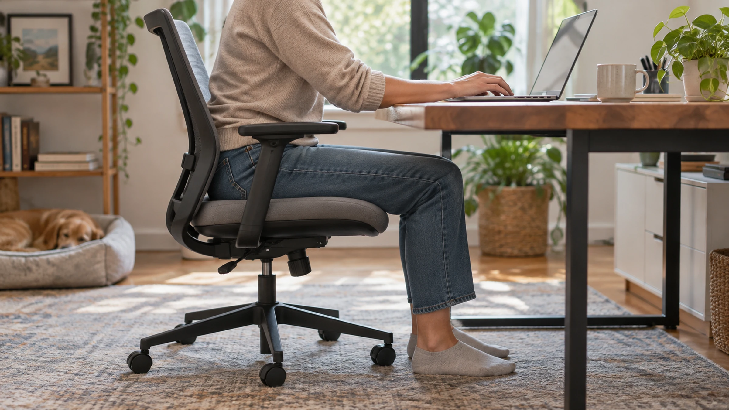 A person seated in an ergonomic office chair at a desk with a laptop, a dog resting in a bed nearby.