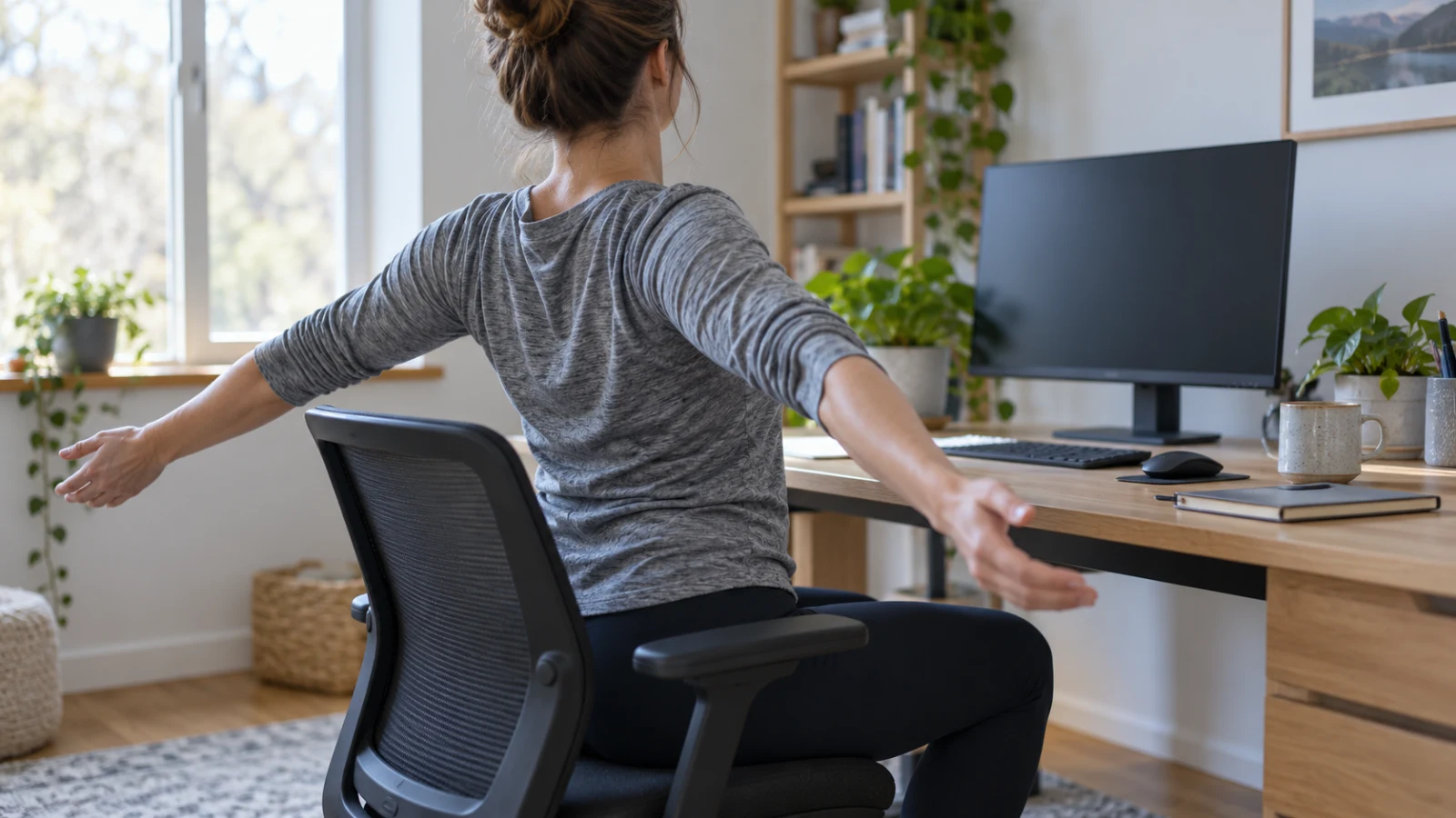 A woman seated at a desk with arms spread and shoulders rounded, seen from behind.