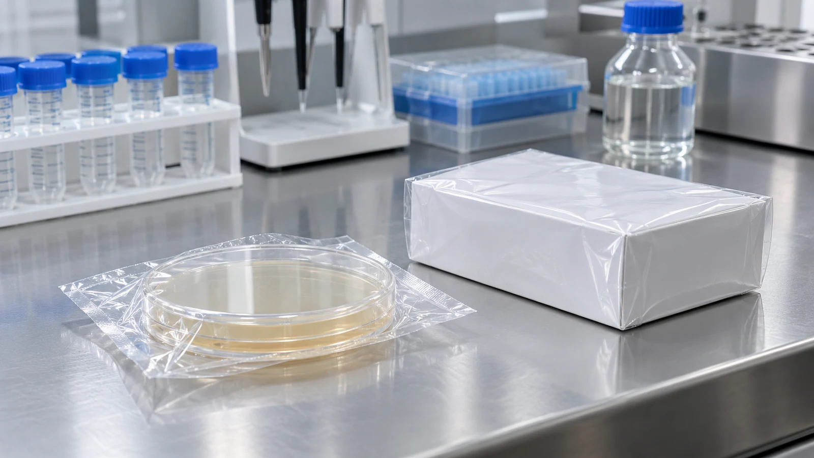 An unopened sterile culture plate and a white assay box on a lab bench with pipettes.