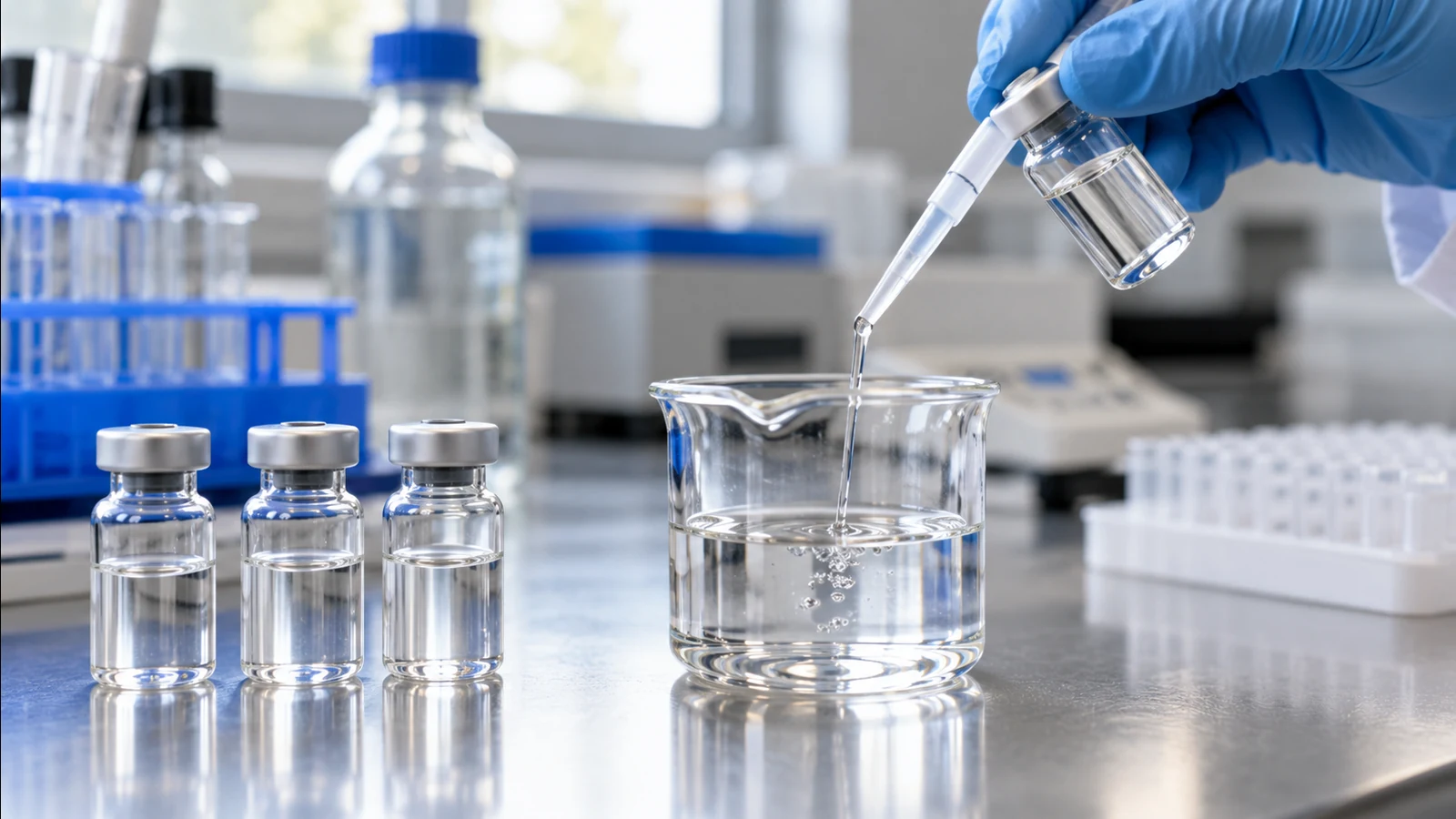 Three capped vials on a lab bench as a gloved hand draws liquid from a vial with a dropper into a beaker behind them.