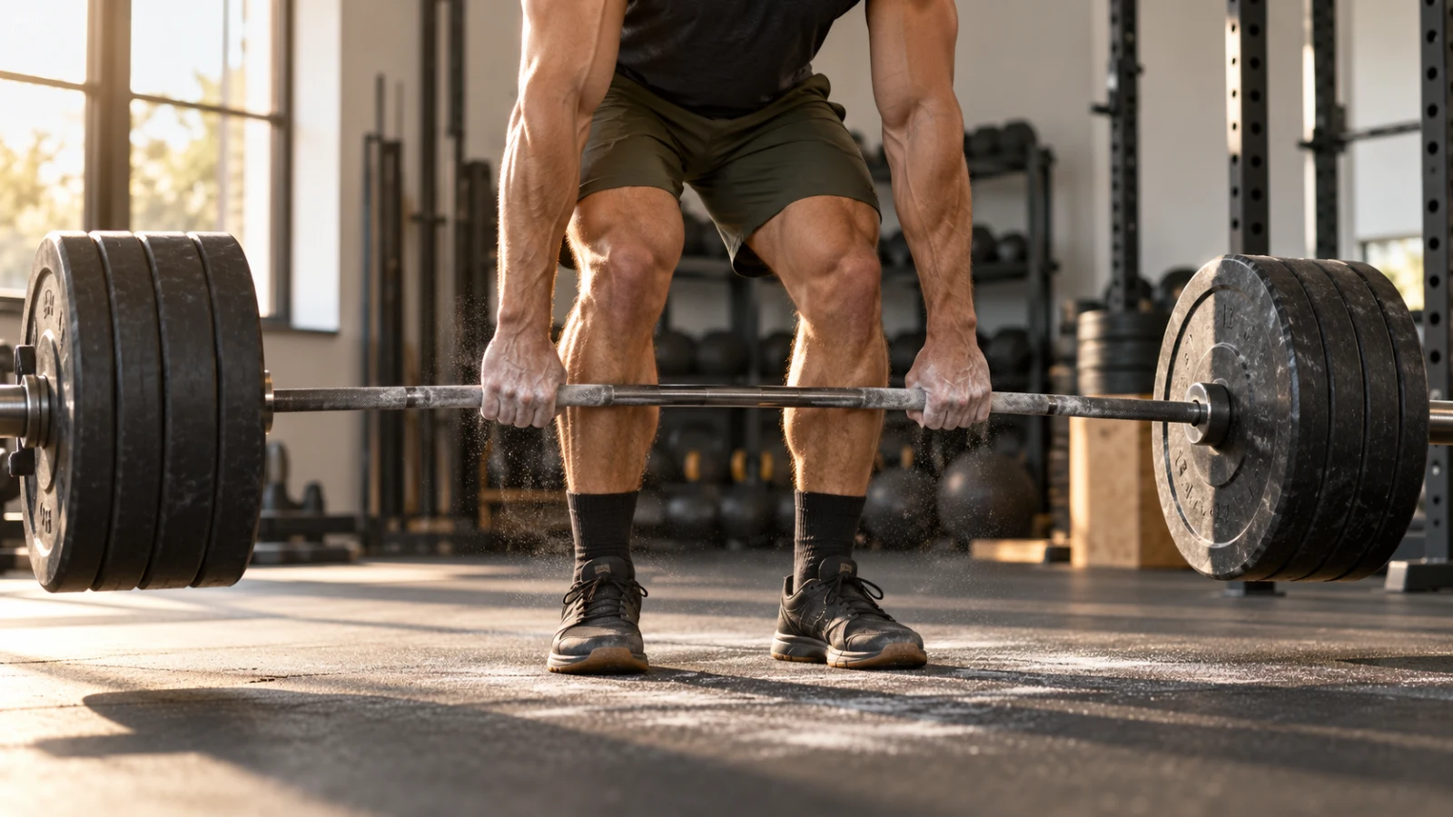 A man deadlifting a loaded barbell on a platform in a bright gym.