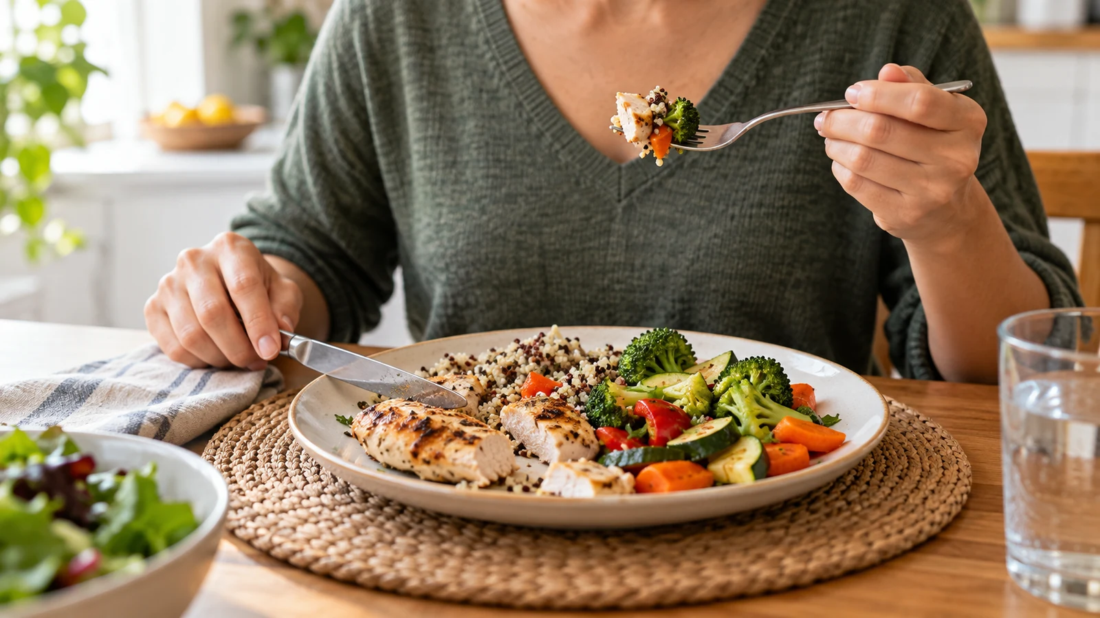 A person lifting a forkful of chicken, quinoa, and broccoli over a plate of grilled chicken and vegetables at a wooden table.