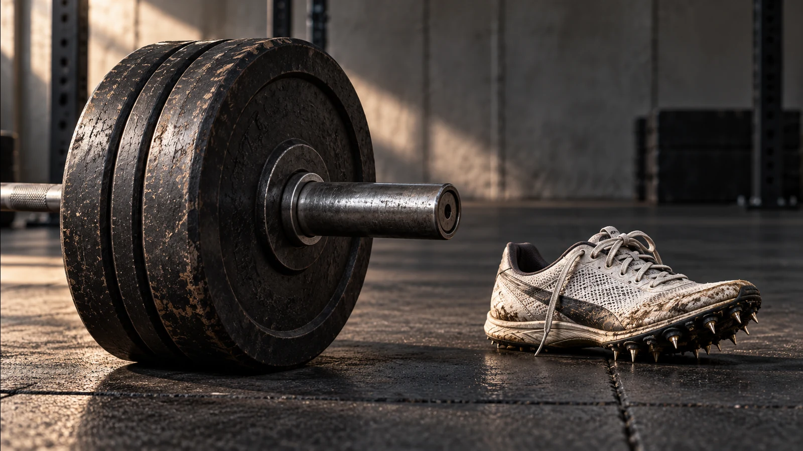A loaded barbell resting on a gym floor beside a single spiked running shoe.