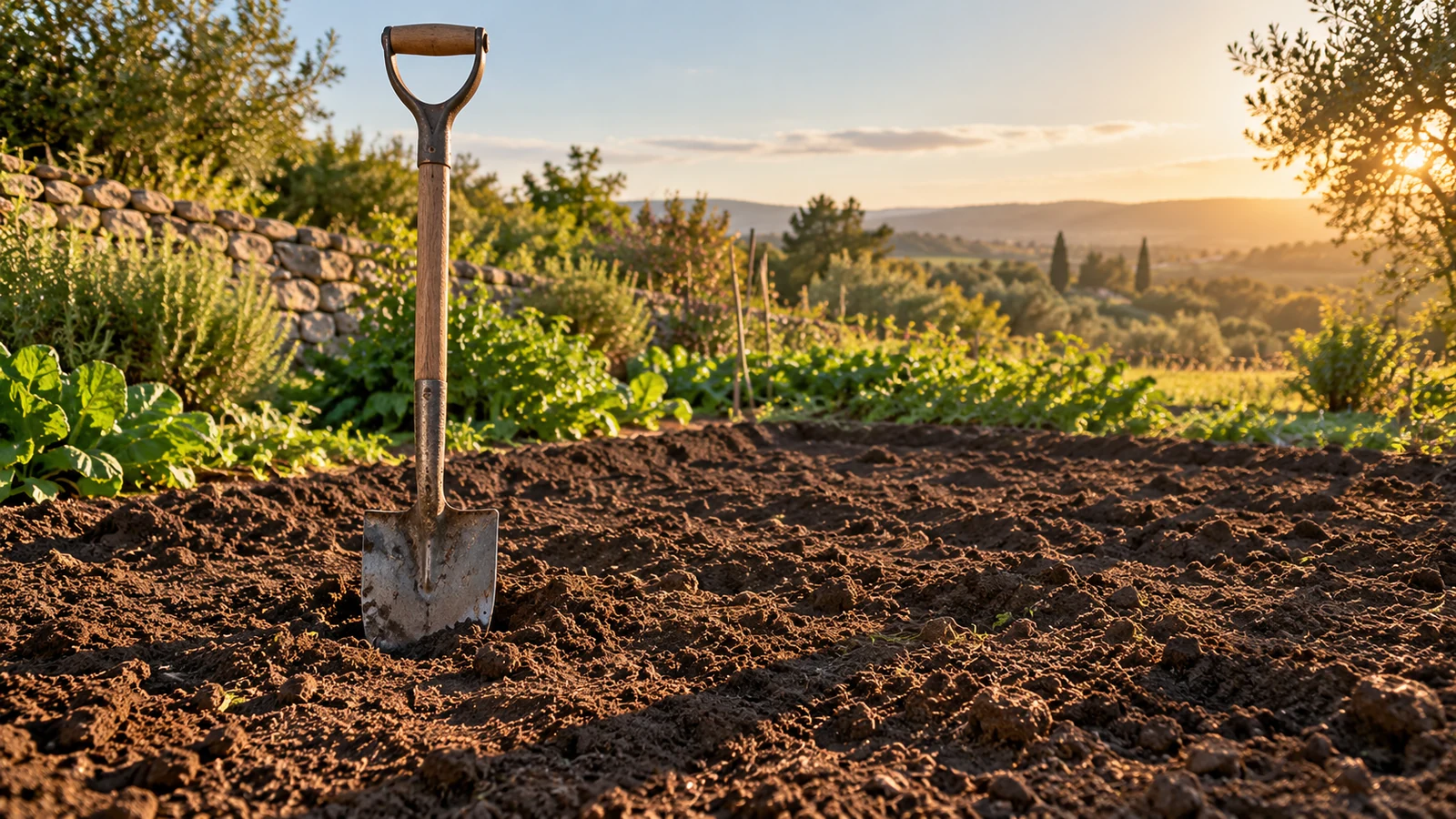 A shovel standing upright in freshly turned garden soil at golden hour.